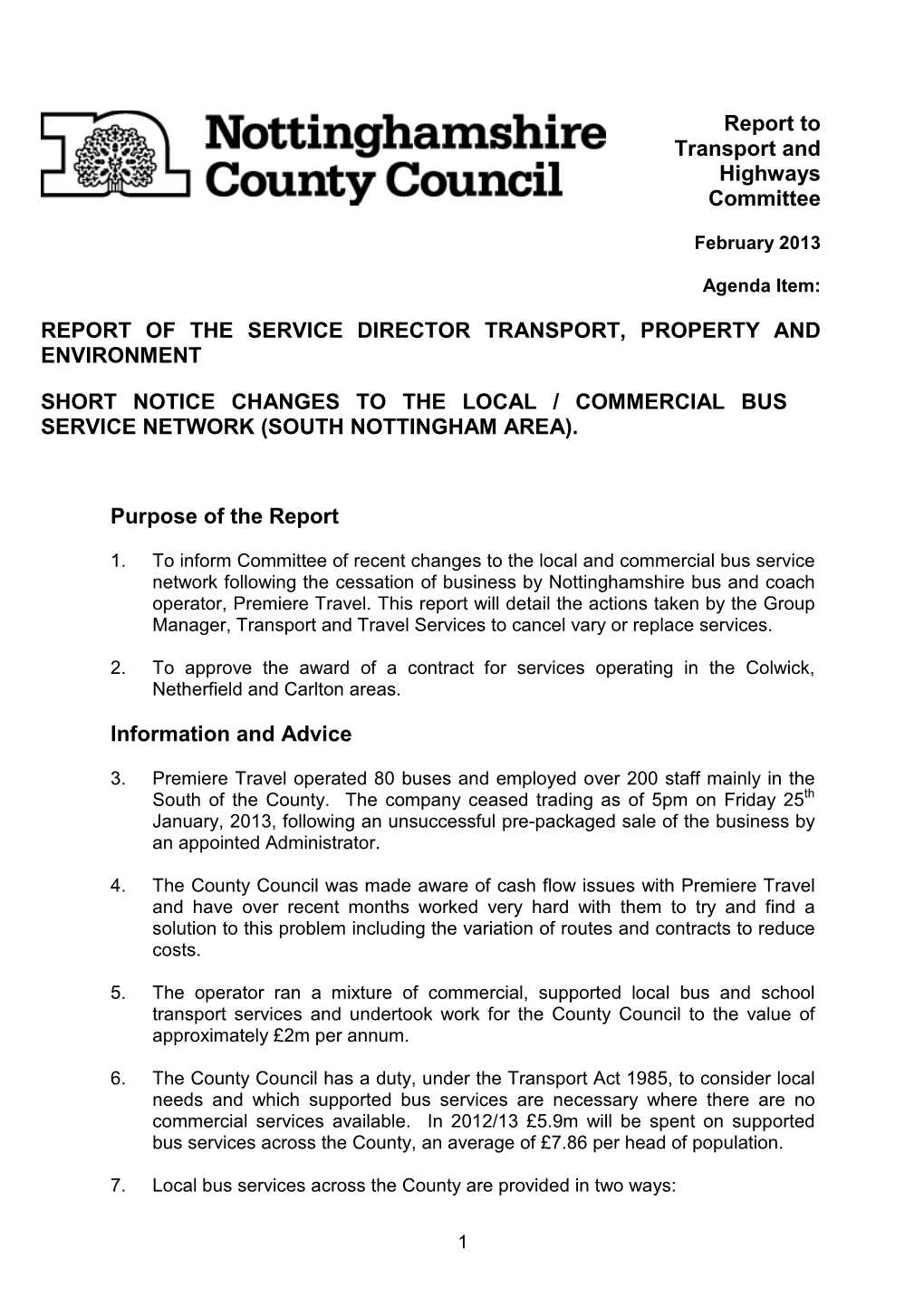 Report to Transport and Highways Committee