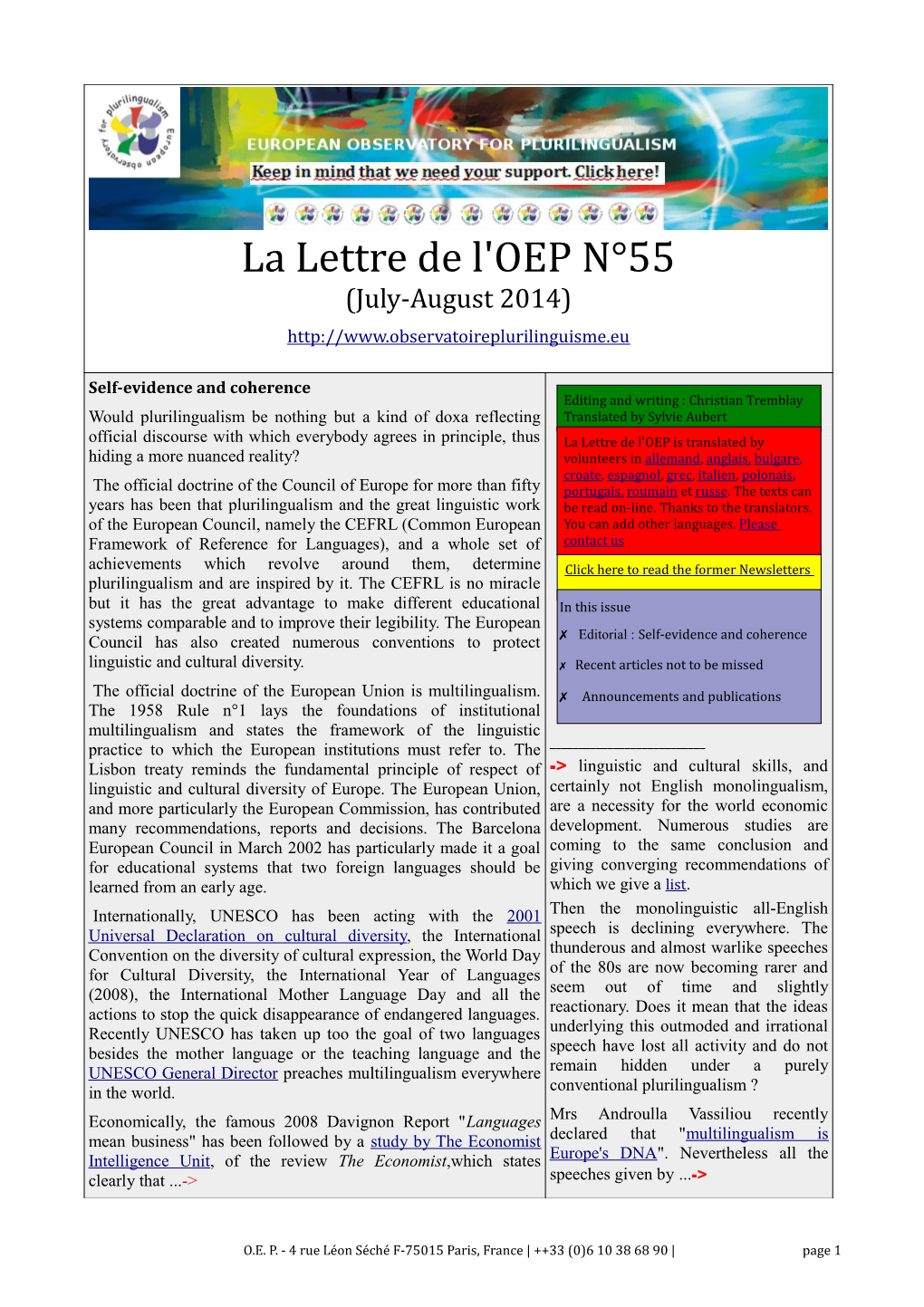 La Lettre De L'oep N°55 (July-August 2014)