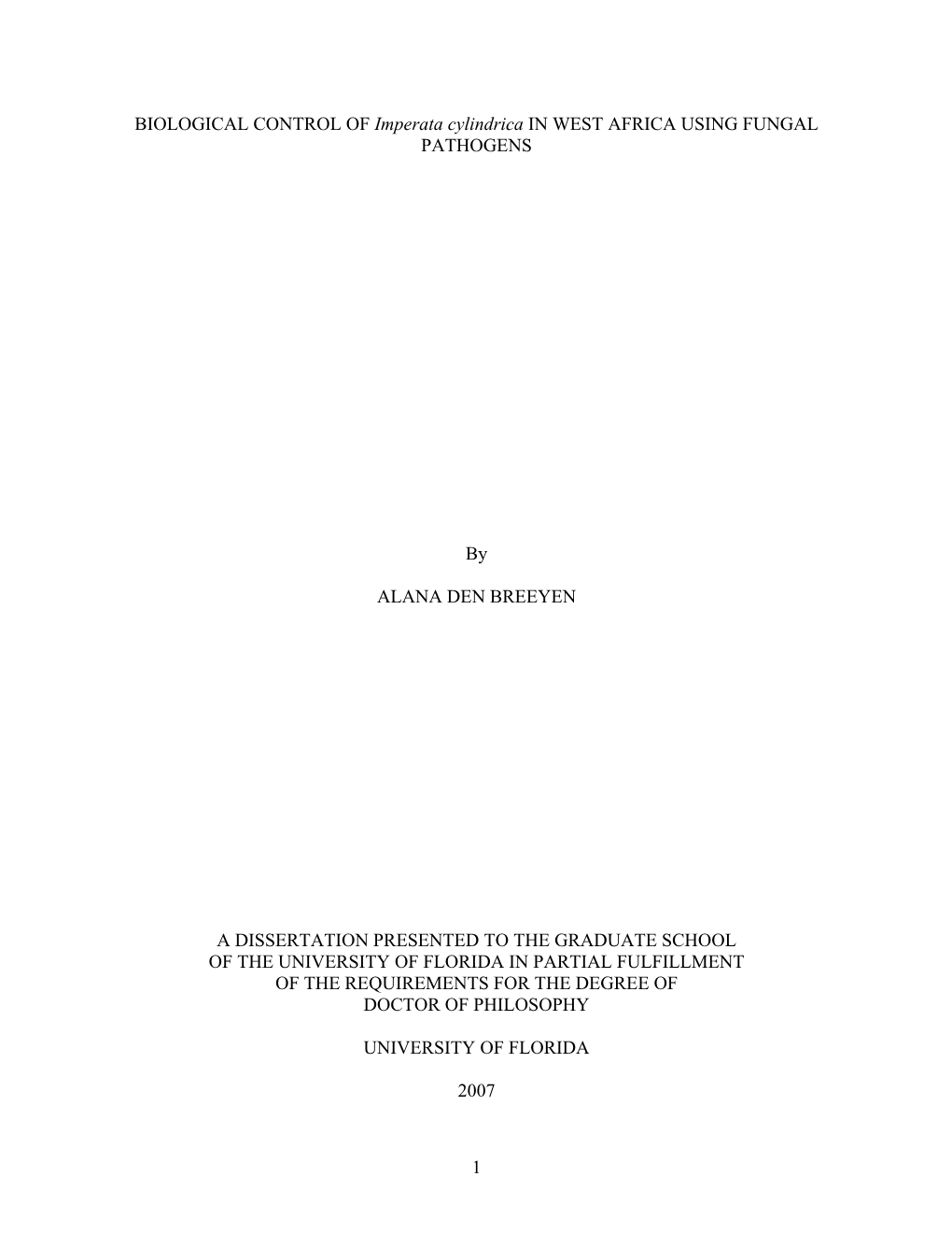 BIOLOGICAL CONTROL of Imperata Cylindrica in WEST AFRICA USING FUNGAL PATHOGENS