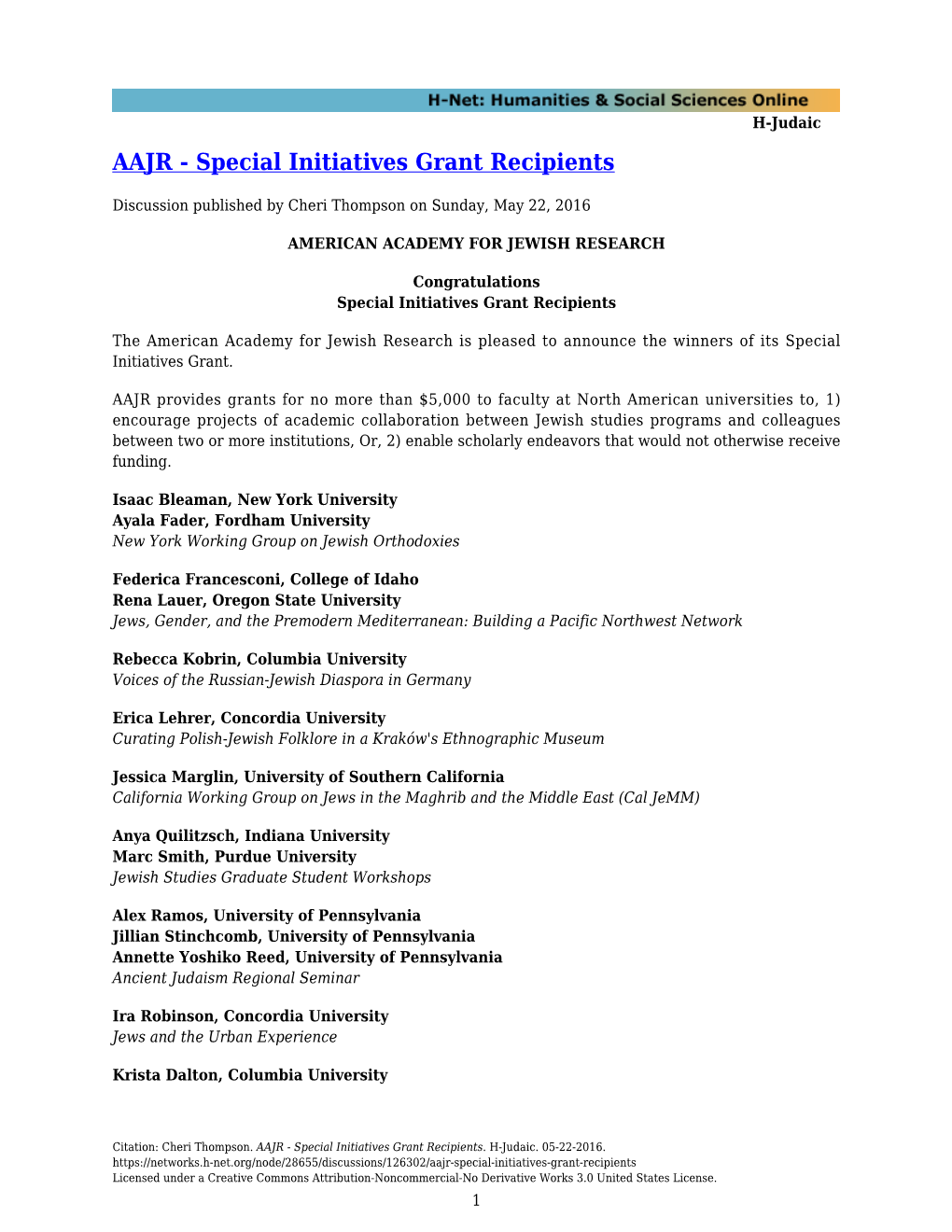Special Initiatives Grant Recipients