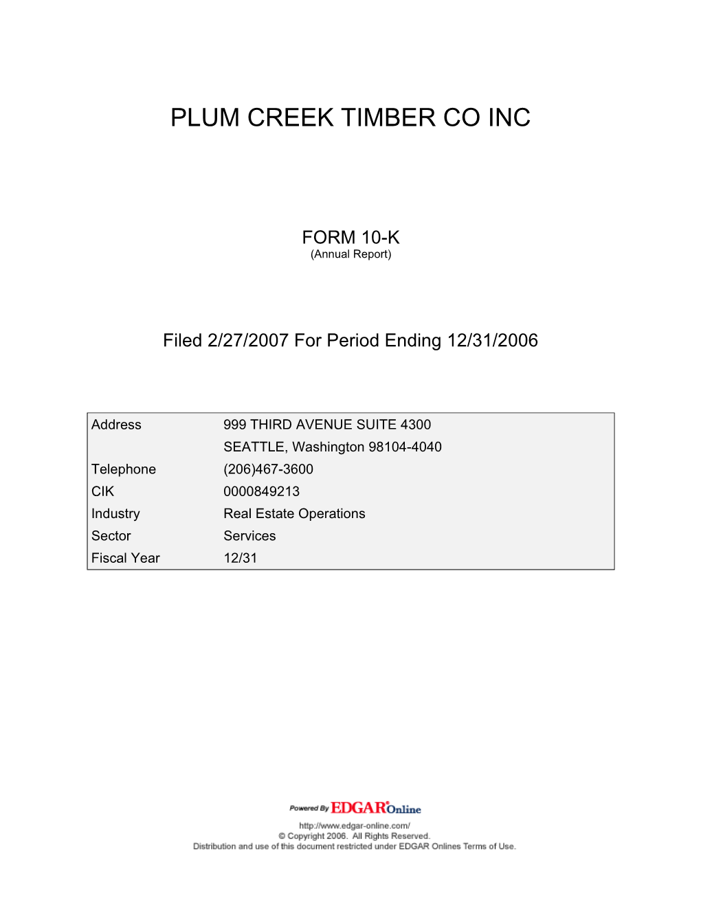 Plum Creek Timber Co Inc