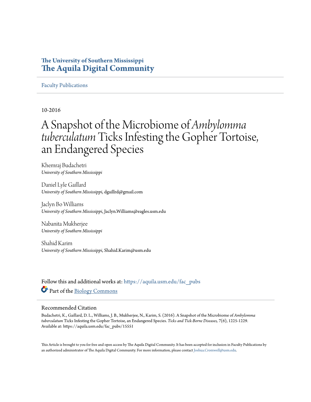 A Snapshot of the Microbiome of Ambylomma Tuberculatum Ticks
