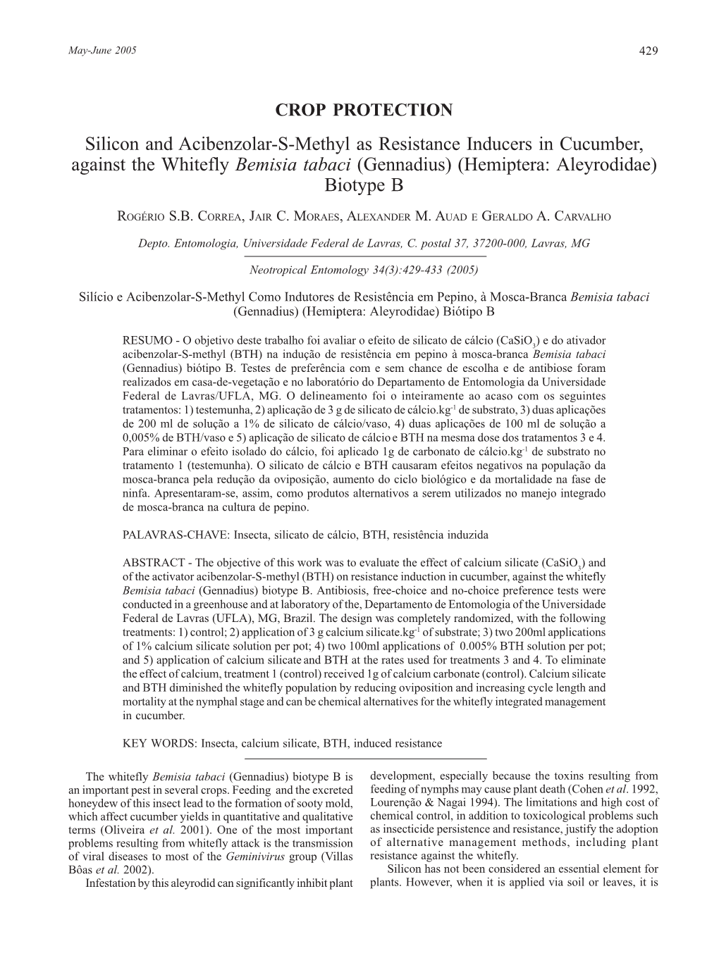 Silicon and Acibenzolar-S-Methyl As Resistance Inducers in Cucumber, Against the Whitefly Bemisia Tabaci (Gennadius) (Hemiptera: Aleyrodidae) Biotype B