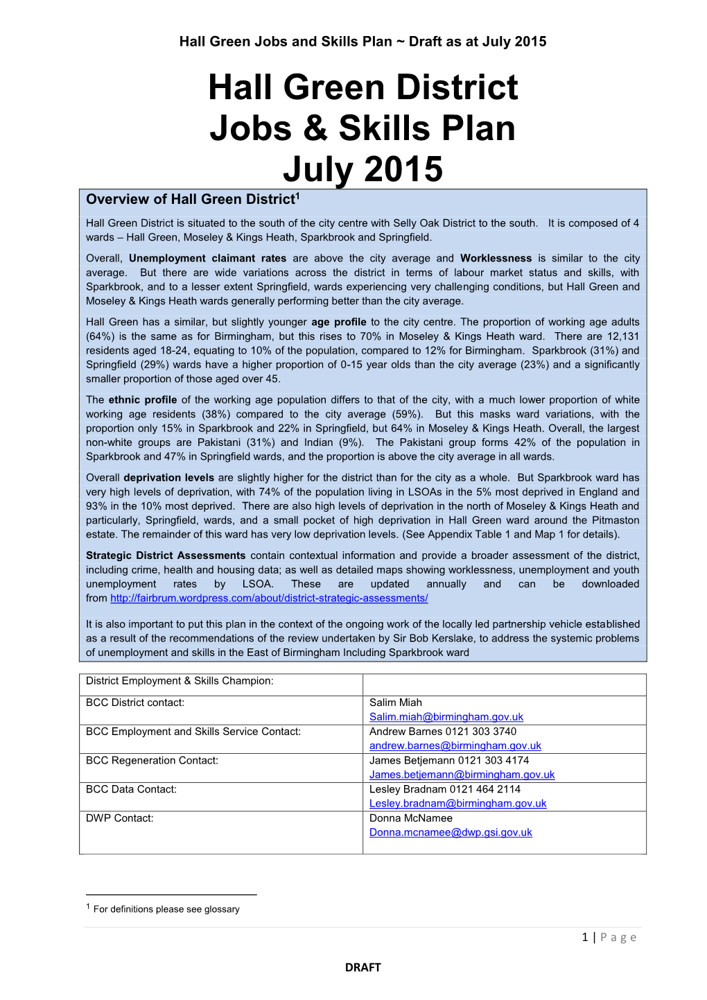 Hall Green District Jobs & Skills Plan July 2015