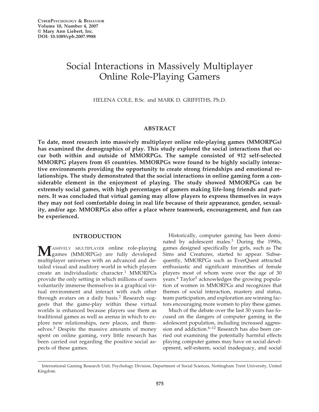 Social Interactions in Massively Multiplayer Online Role-Playing Gamers