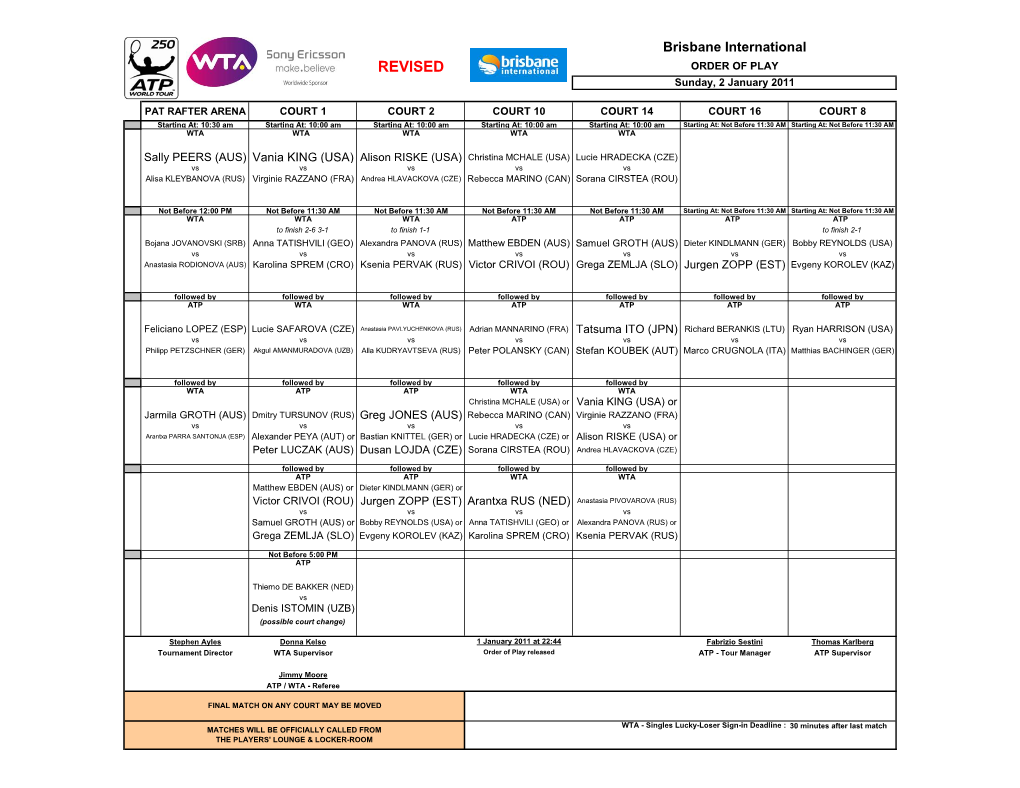 REVISED ORDER of PLAY Sunday, 2 January 2011