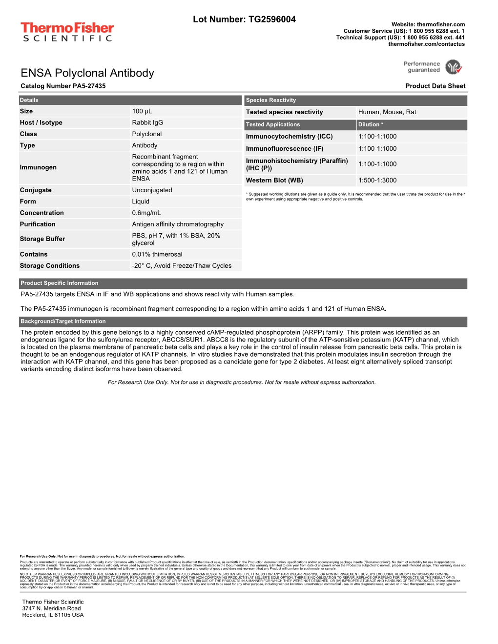 ENSA Polyclonal Antibody Catalog Number PA5-27435 Product Data Sheet