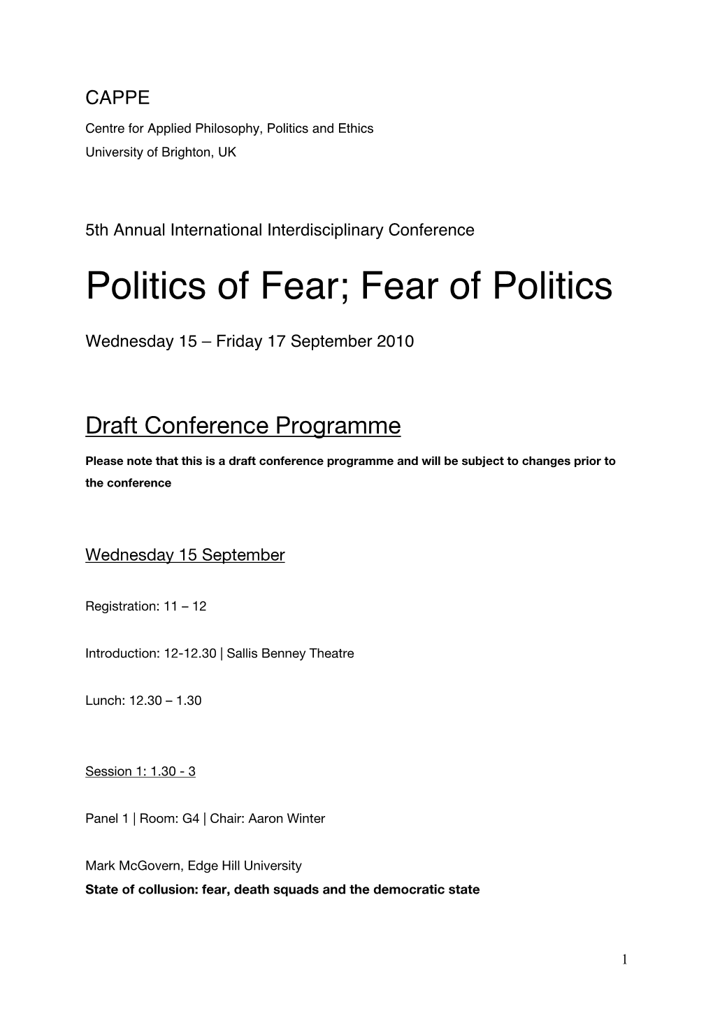 Politics of Fear; Fear of Politics