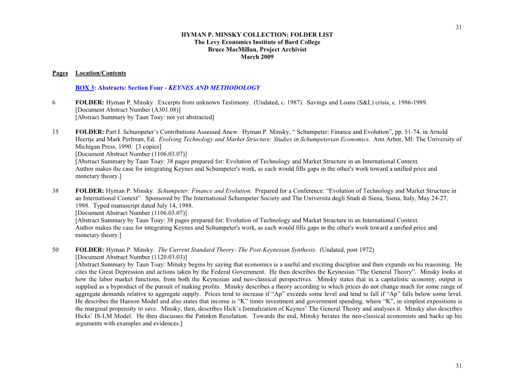 31 HYMAN P. MINSKY COLLECTION: FOLDER LIST the Levy Economics Institute of Bard College Bruce Macmillan, Project Archivist March 2009
