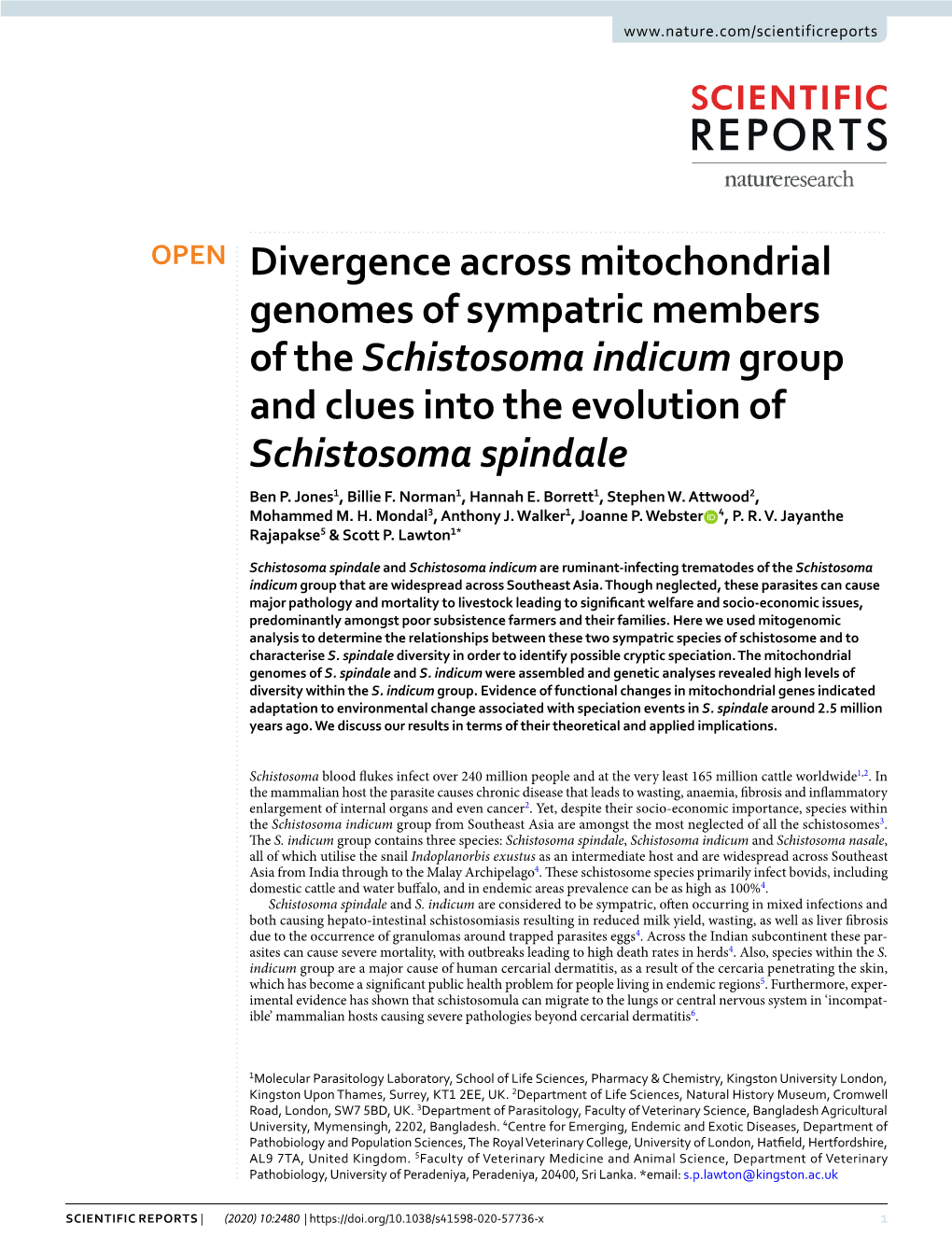 Divergence Across Mitochondrial Genomes of Sympatric Members of the Schistosoma Indicum Group and Clues Into the Evolution of Schistosoma Spindale Ben P