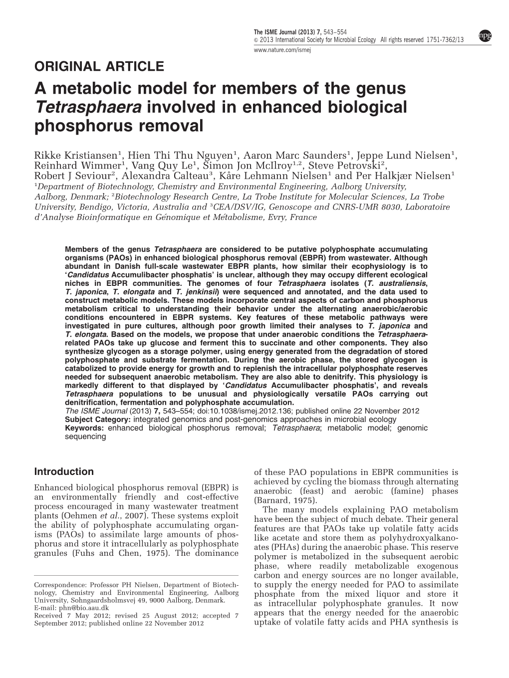 A Metabolic Model for Members of the Genus Tetrasphaera Involved in Enhanced Biological Phosphorus Removal