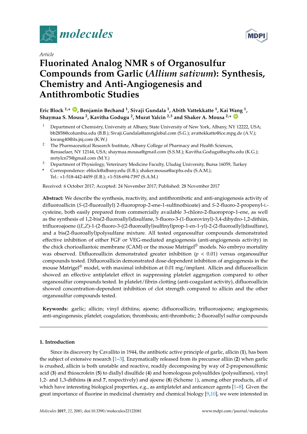 Fluorinated Analog NMR S of Organosulfur Compounds from Garlic (Allium Sativum): Synthesis, Chemistry and Anti-Angiogenesis and Antithrombotic Studies