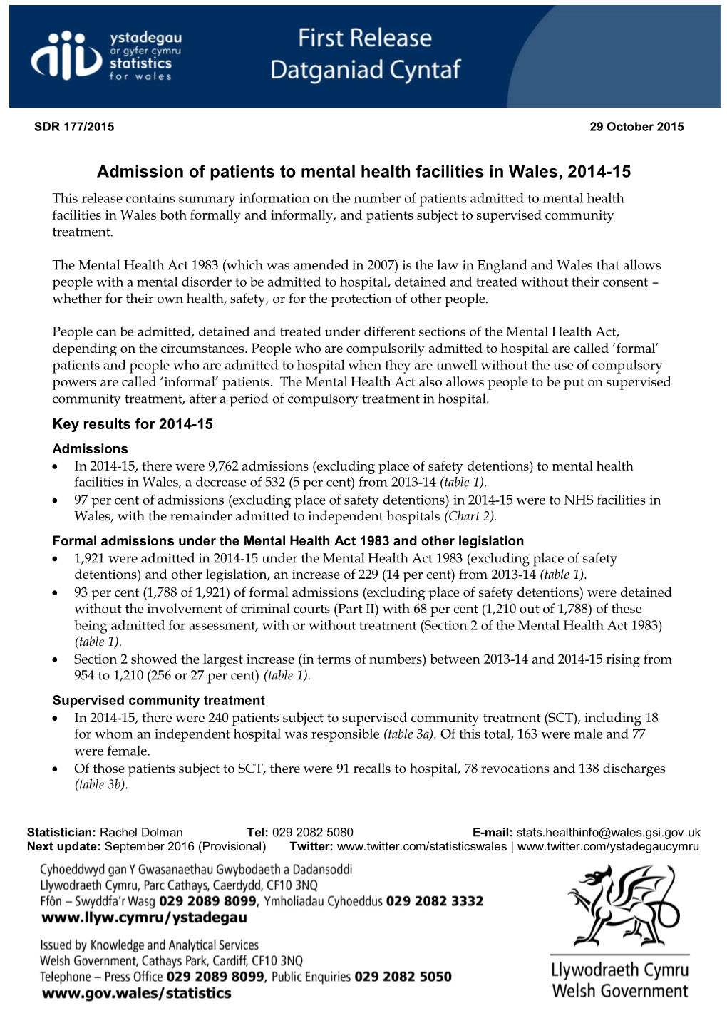 Admission of Patients to Mental Health Facilities in Wales, 2014-15