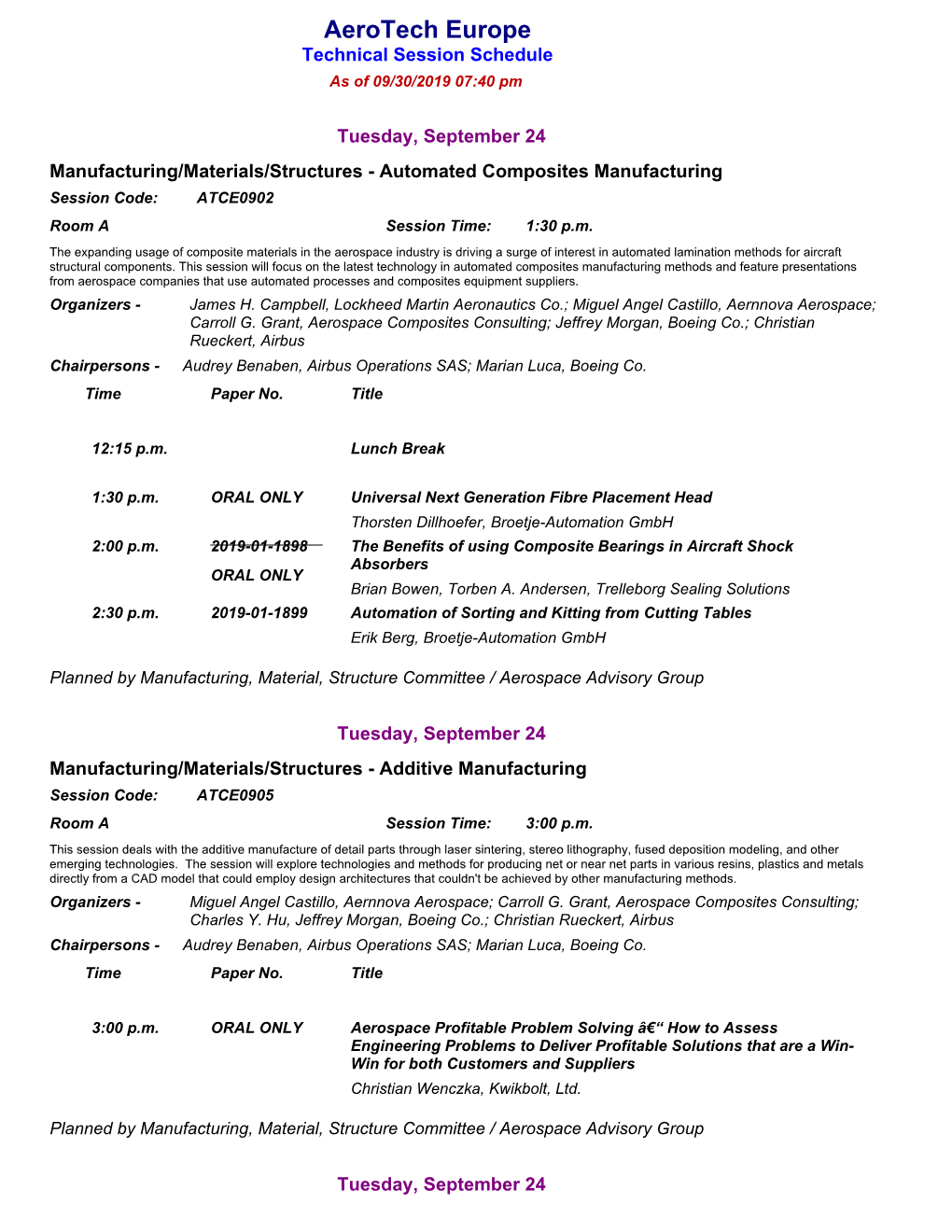 Aerotech Europe Technical Session Schedule As of 09/30/2019 07:40 Pm