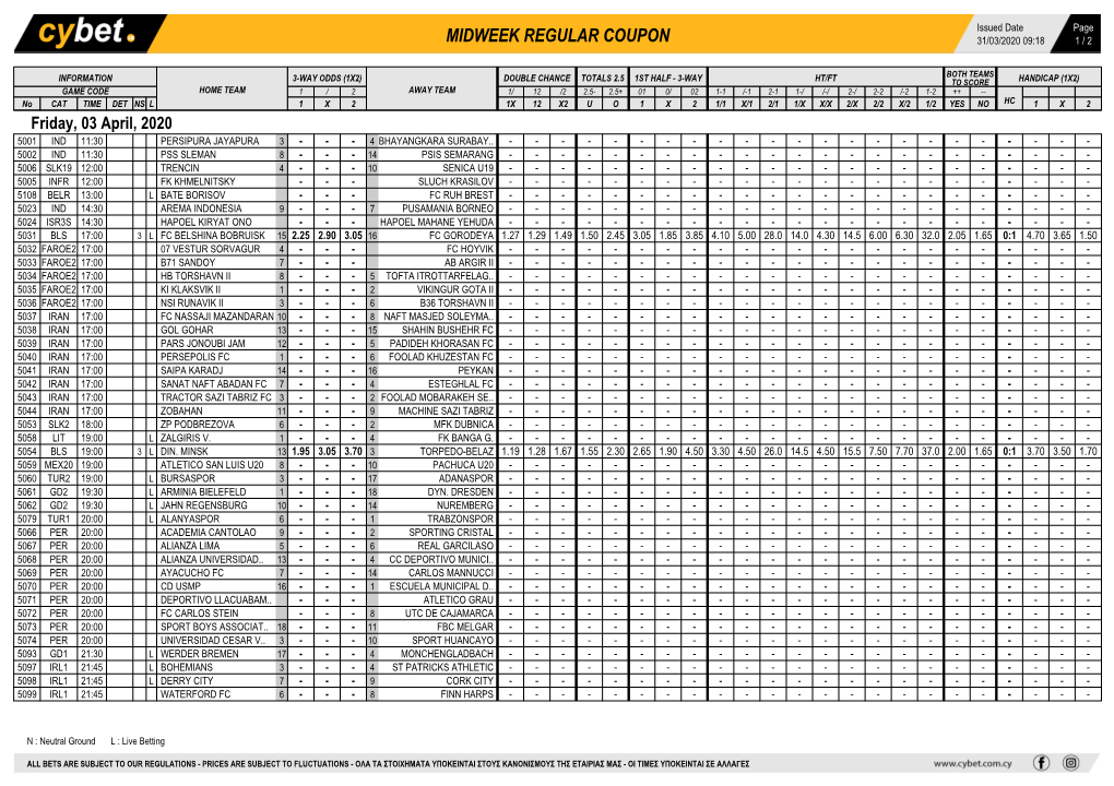 Midweek Regular Coupon 31/03/2020 09:18 1 / 2