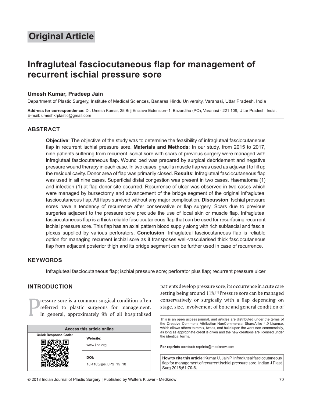 Infragluteal Fasciocutaneous Flap for Management of Recurrent Ischial Pressure Sore