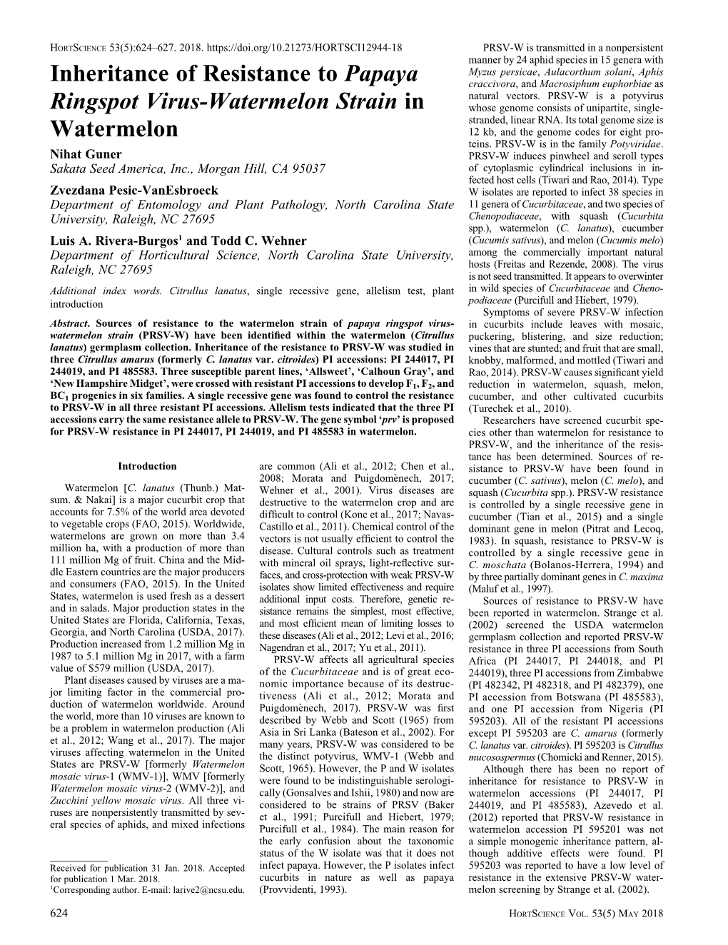 Inheritance of Resistance to Papaya Ringspot Virus-Watermelon Strain