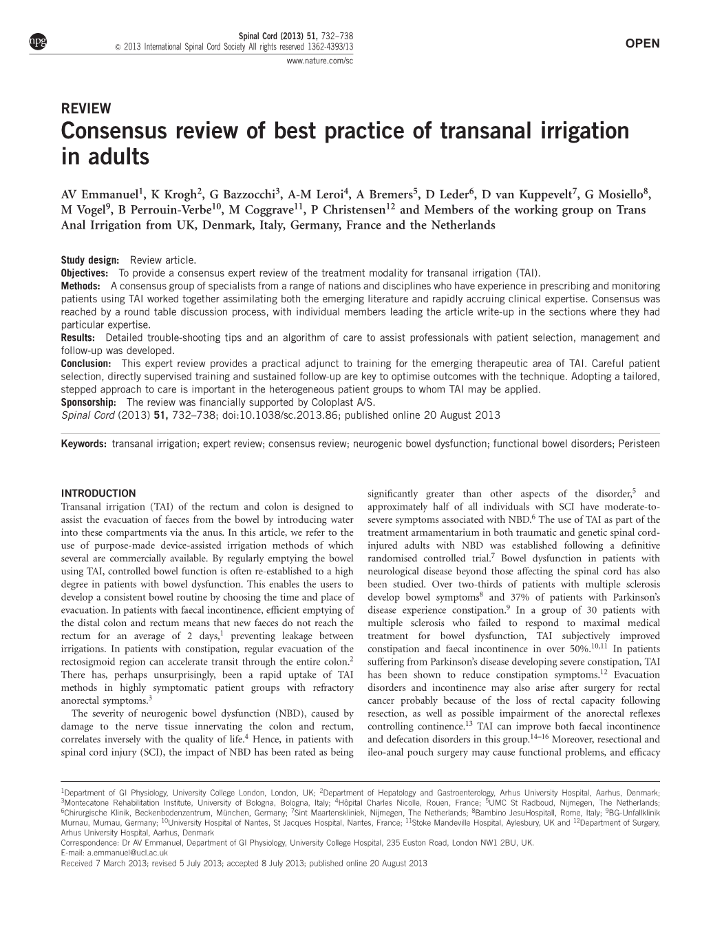 Consensus Review of Best Practice of Transanal Irrigation in Adults