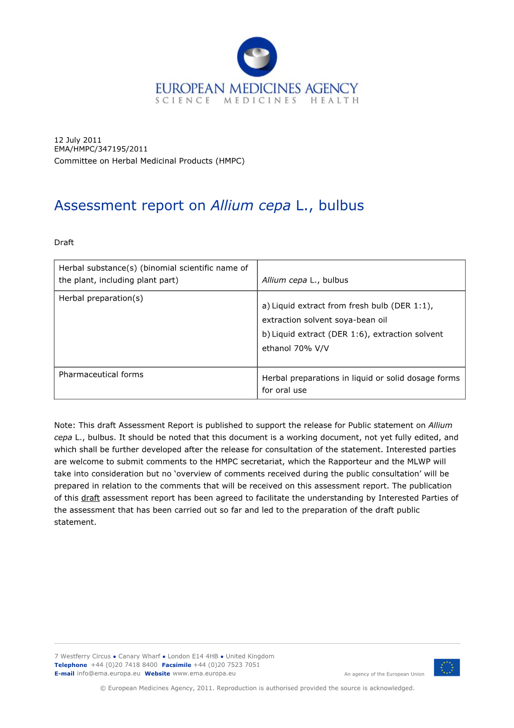 Assessment Report on Allium Cepa L., Bulbus