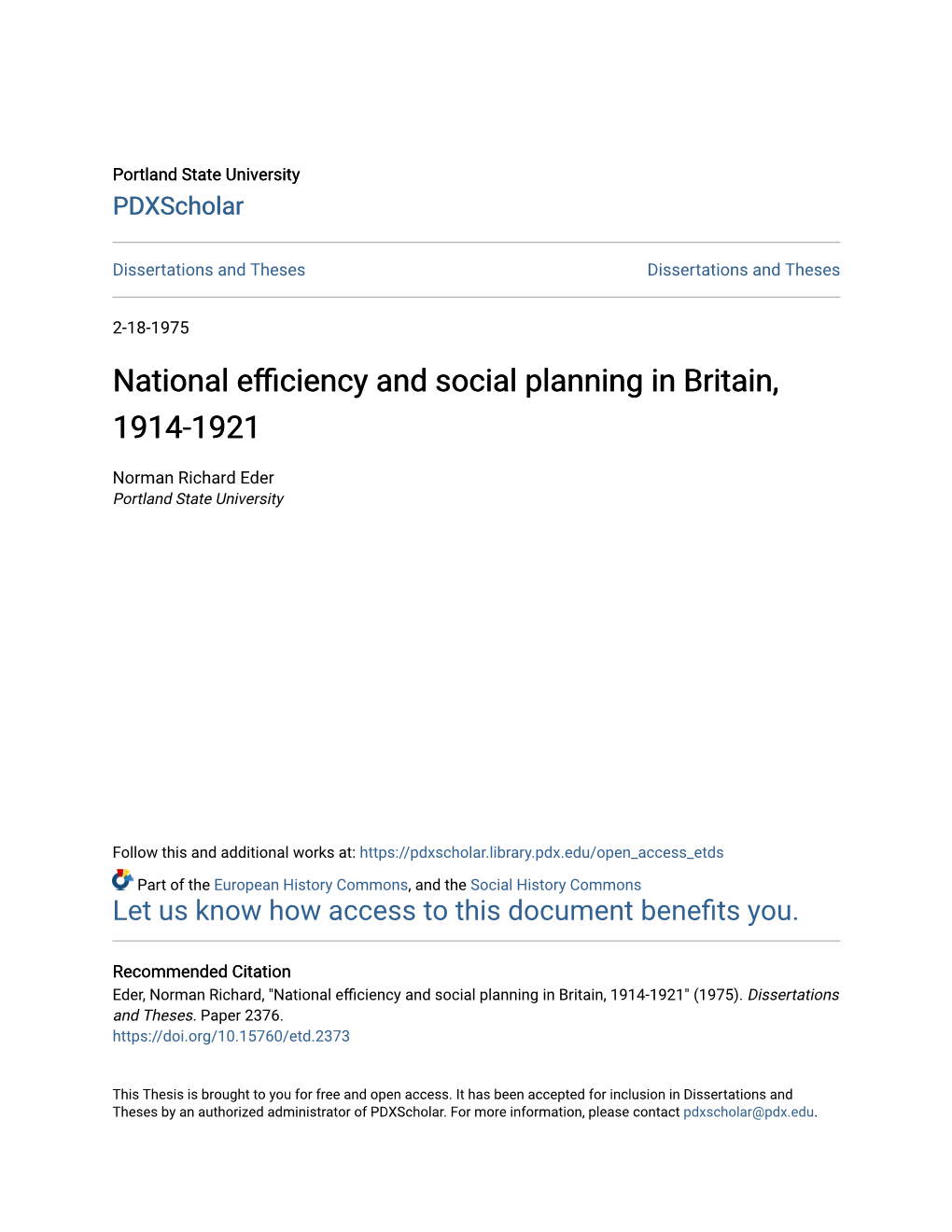 National Efficiency and Social Planning in Britain, 1914-1921