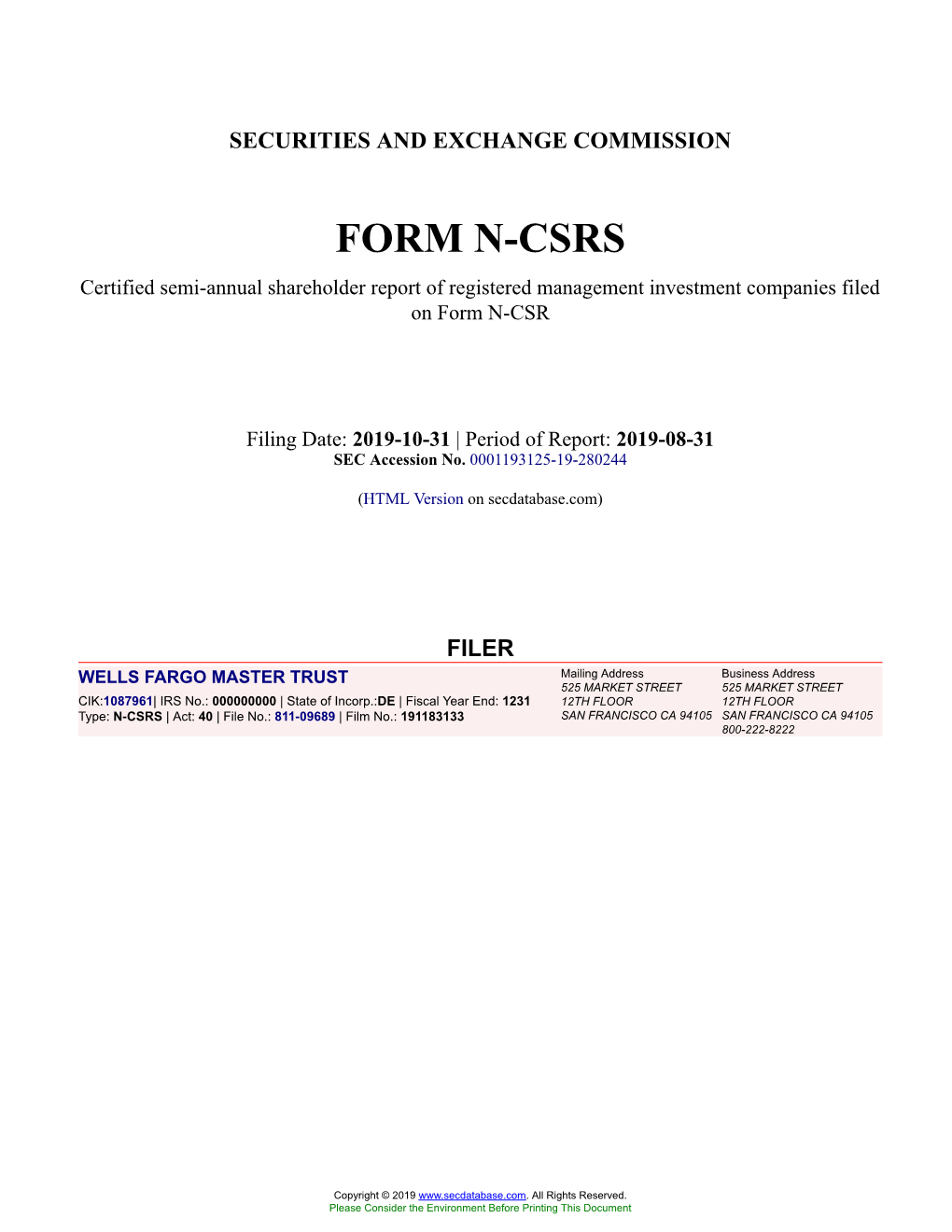 WELLS FARGO MASTER TRUST Form N-CSRS Filed 2019-10-31