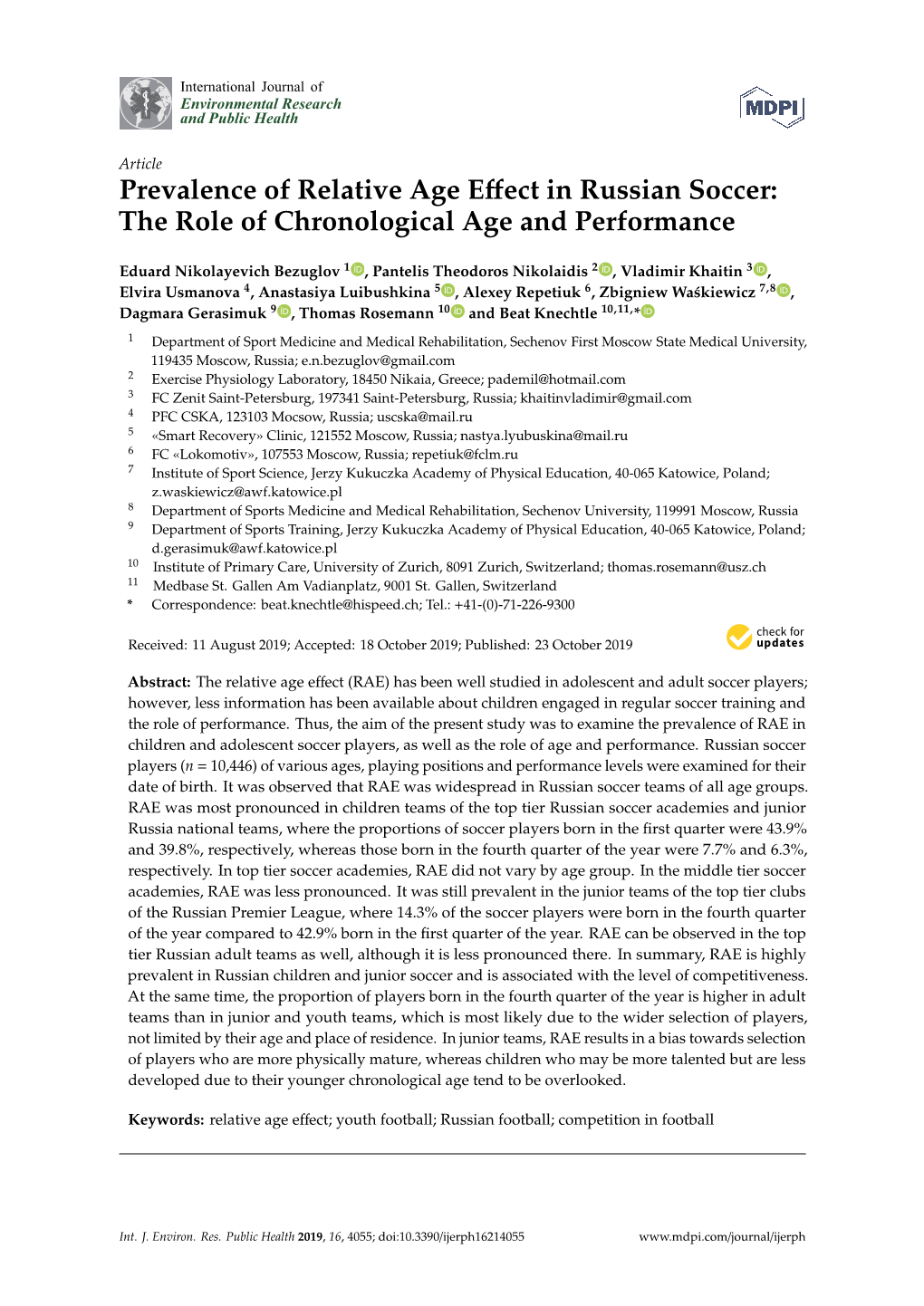 Prevalence of Relative Age Effect in Russian Soccer