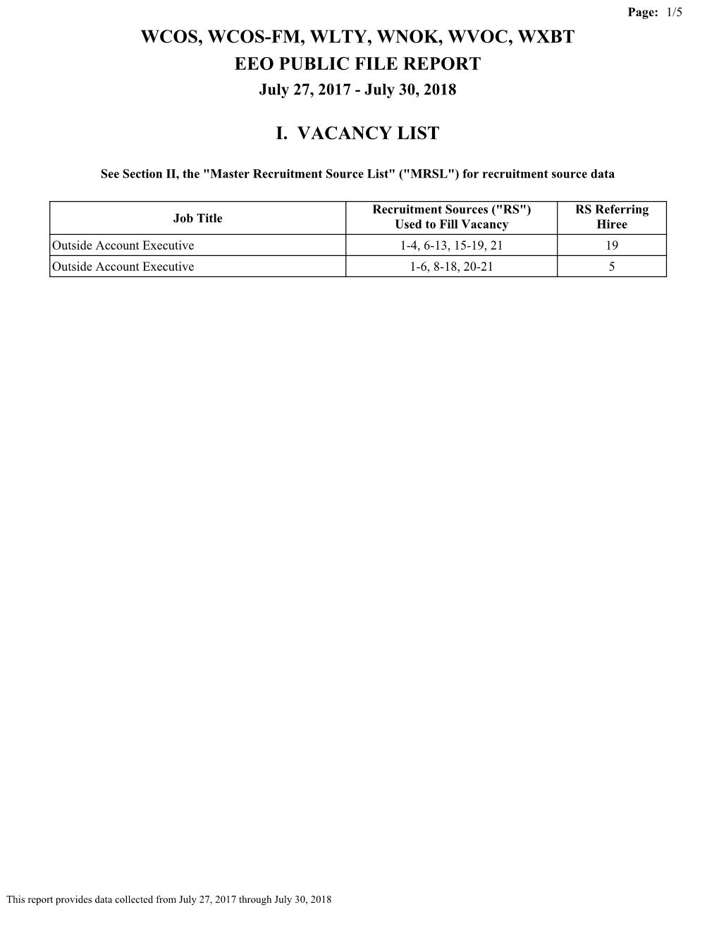 WCOS, WCOS-FM, WLTY, WNOK, WVOC, WXBT EEO PUBLIC FILE REPORT July 27, 2017 - July 30, 2018