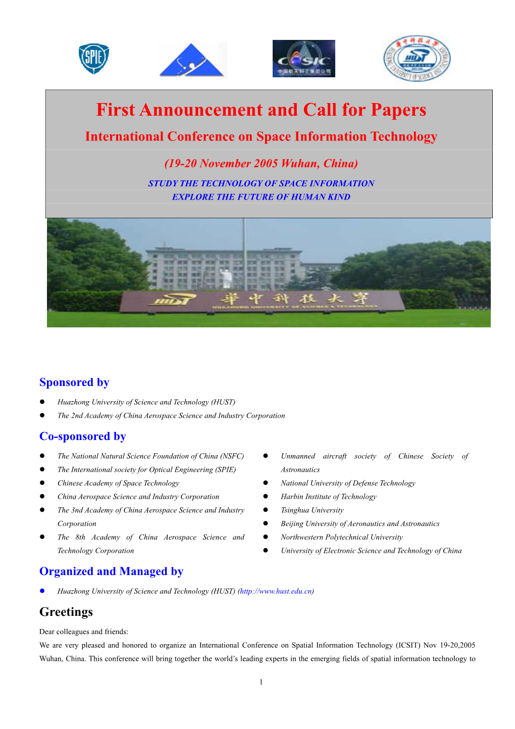 First Announcement and Call for Papers International Conference on Space Information Technology