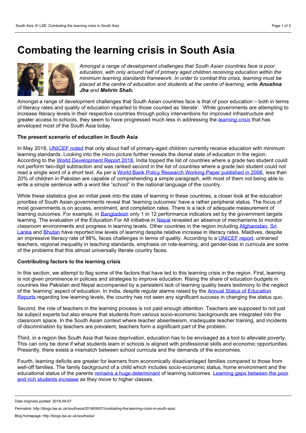 Combating the Learning Crisis in South Asia Page 1 of 3