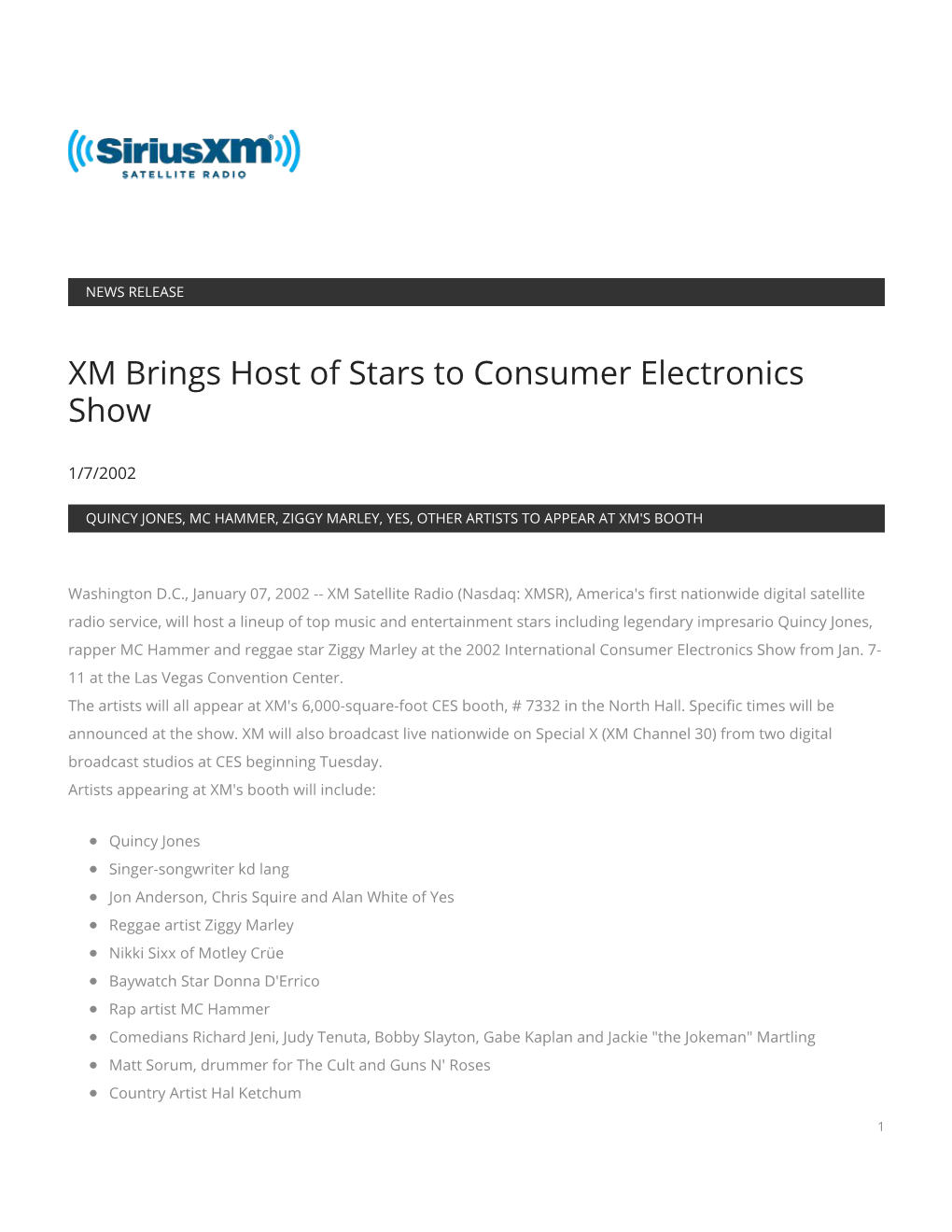 XM Brings Host of Stars to Consumer Electronics Show