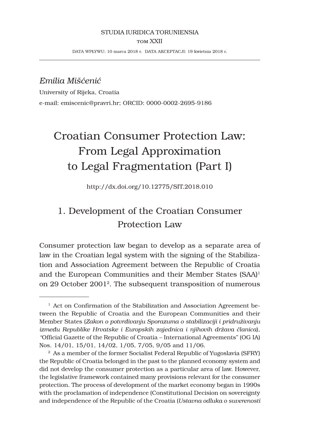 Croatian Consumer Protection Law: from Legal Approximation to Legal Fragmentation (Part I)