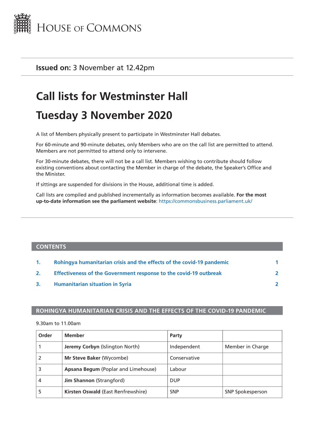 Call Lists for Westminster Hall Tuesday 3 November 2020