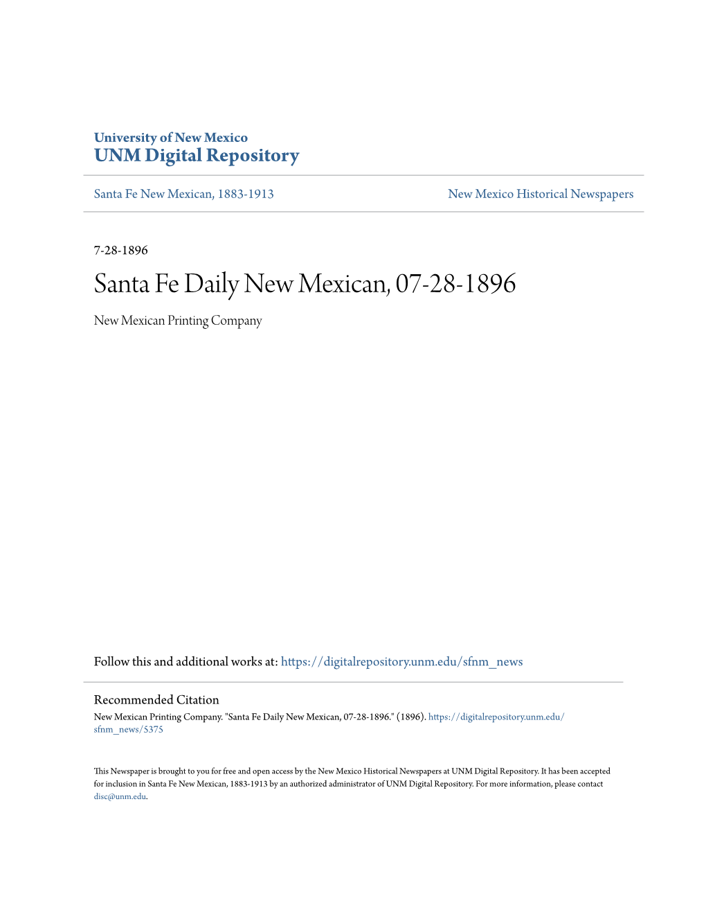 Santa Fe Daily New Mexican, 07-28-1896 New Mexican Printing Company