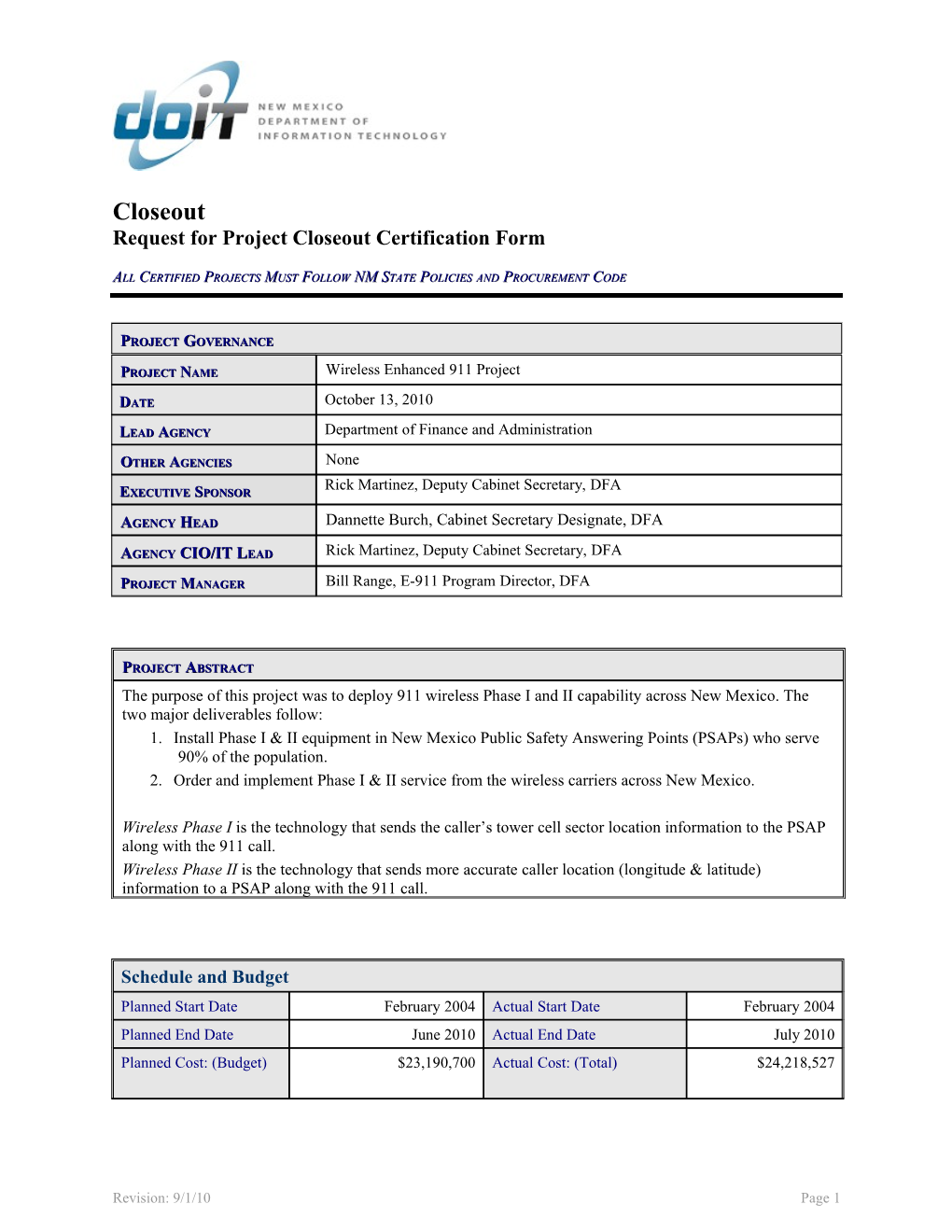 Request for Project Closeout Certification Form