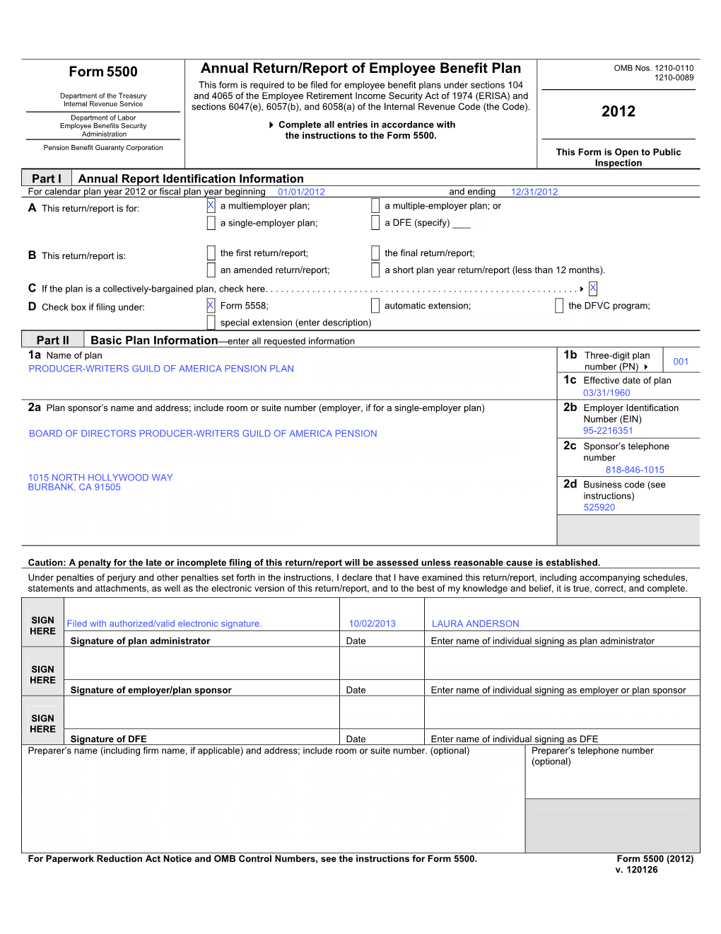 Pension Plan 2012 Form 5500