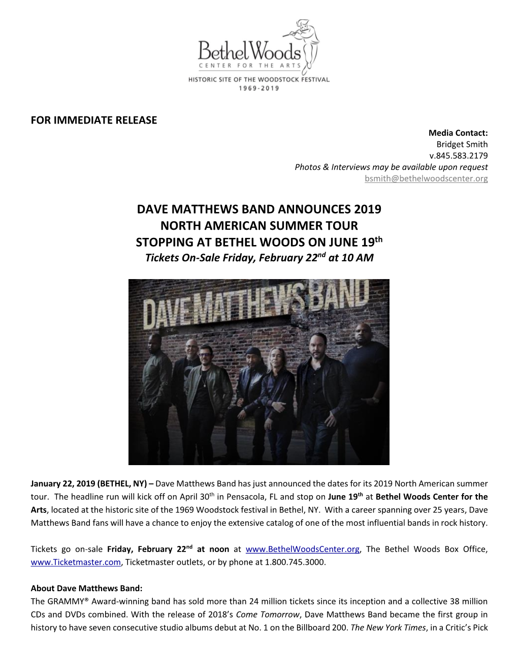 DAVE MATTHEWS BAND ANNOUNCES 2019 NORTH AMERICAN SUMMER TOUR STOPPING at BETHEL WOODS on JUNE 19Th Tickets On-Sale Friday, February 22Nd at 10 AM