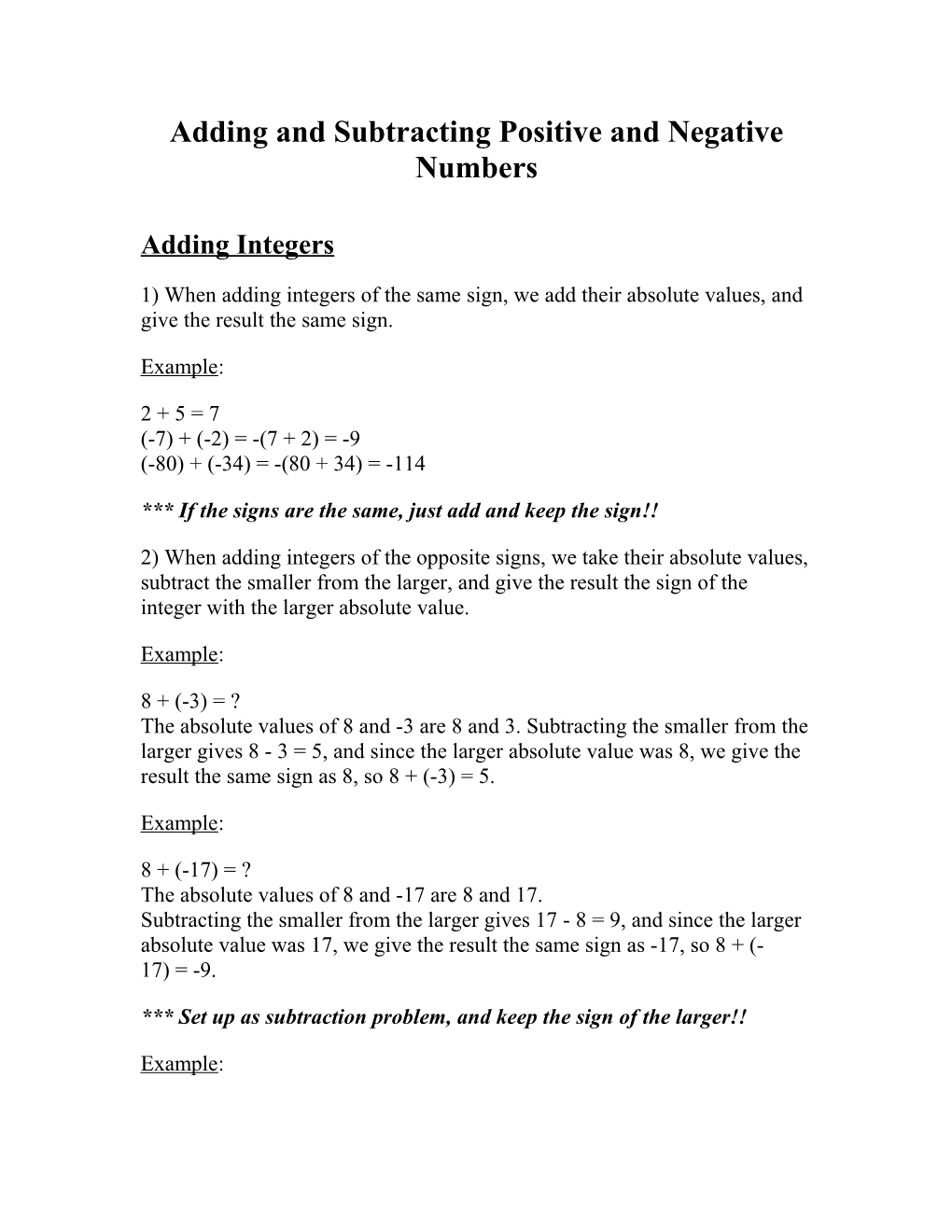 Adding and Subtracting Positive and Negative Numbers