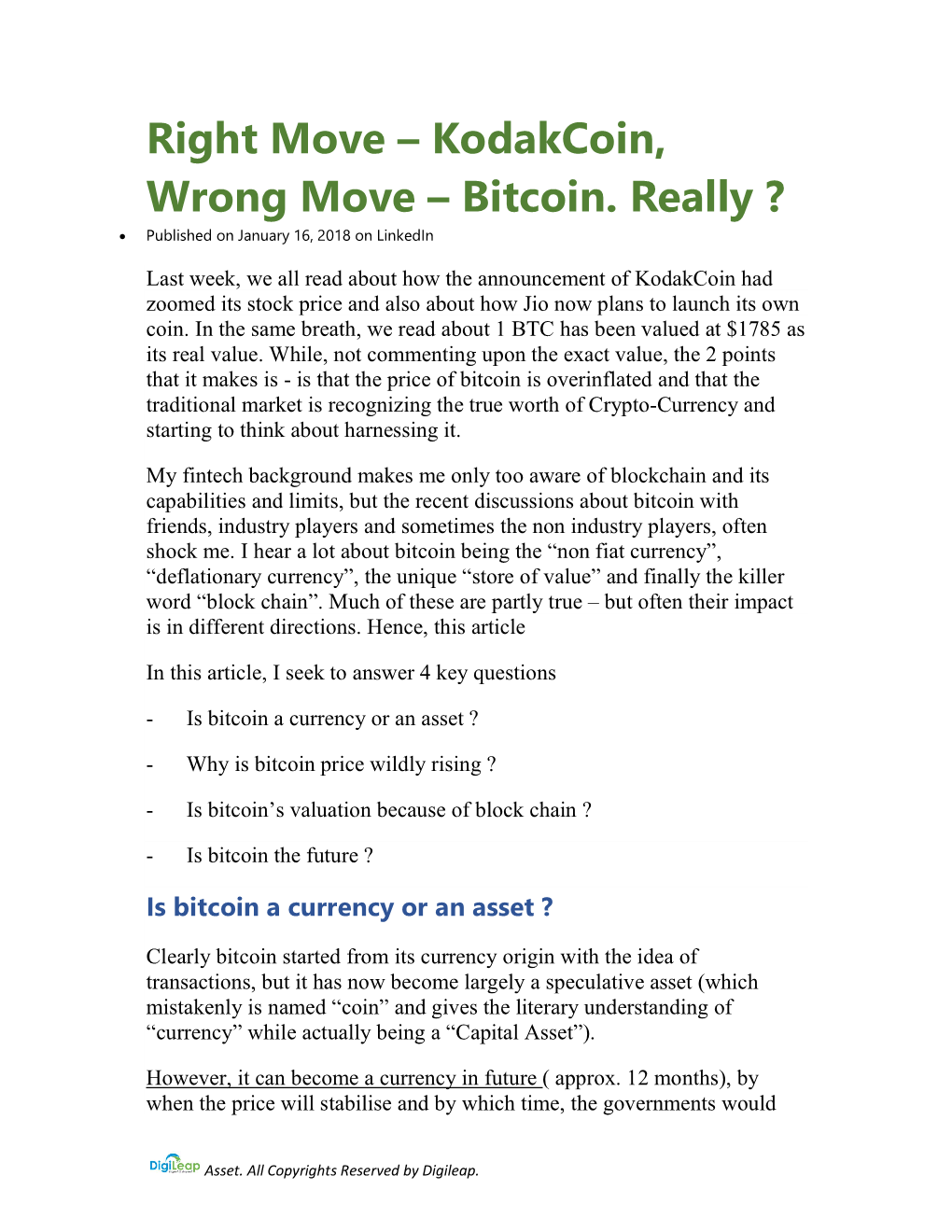 Right Move – Kodakcoin, Wrong Move – Bitcoin. Really ?  Published on January 16, 2018 on Linkedin