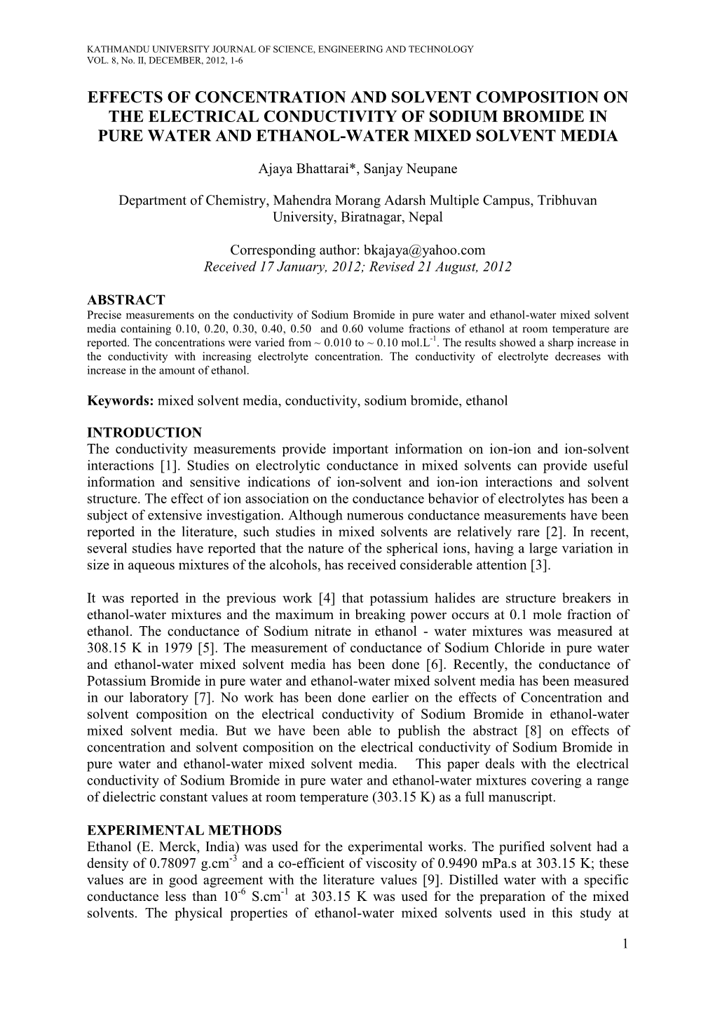 Effects of Concentration and Solvent Composition on the Electrical Conductivity of Sodium Bromide in Pure Water and Ethanol-Water Mixed Solvent Media