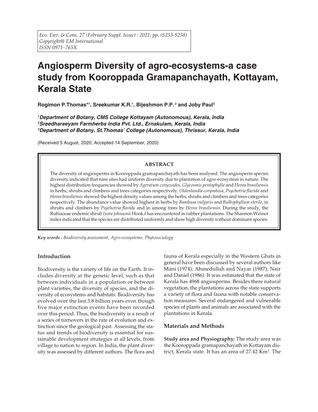 Angiosperm Diversity of Agro-Ecosystems-A Case Study from Kooroppada Gramapanchayath, Kottayam, Kerala State