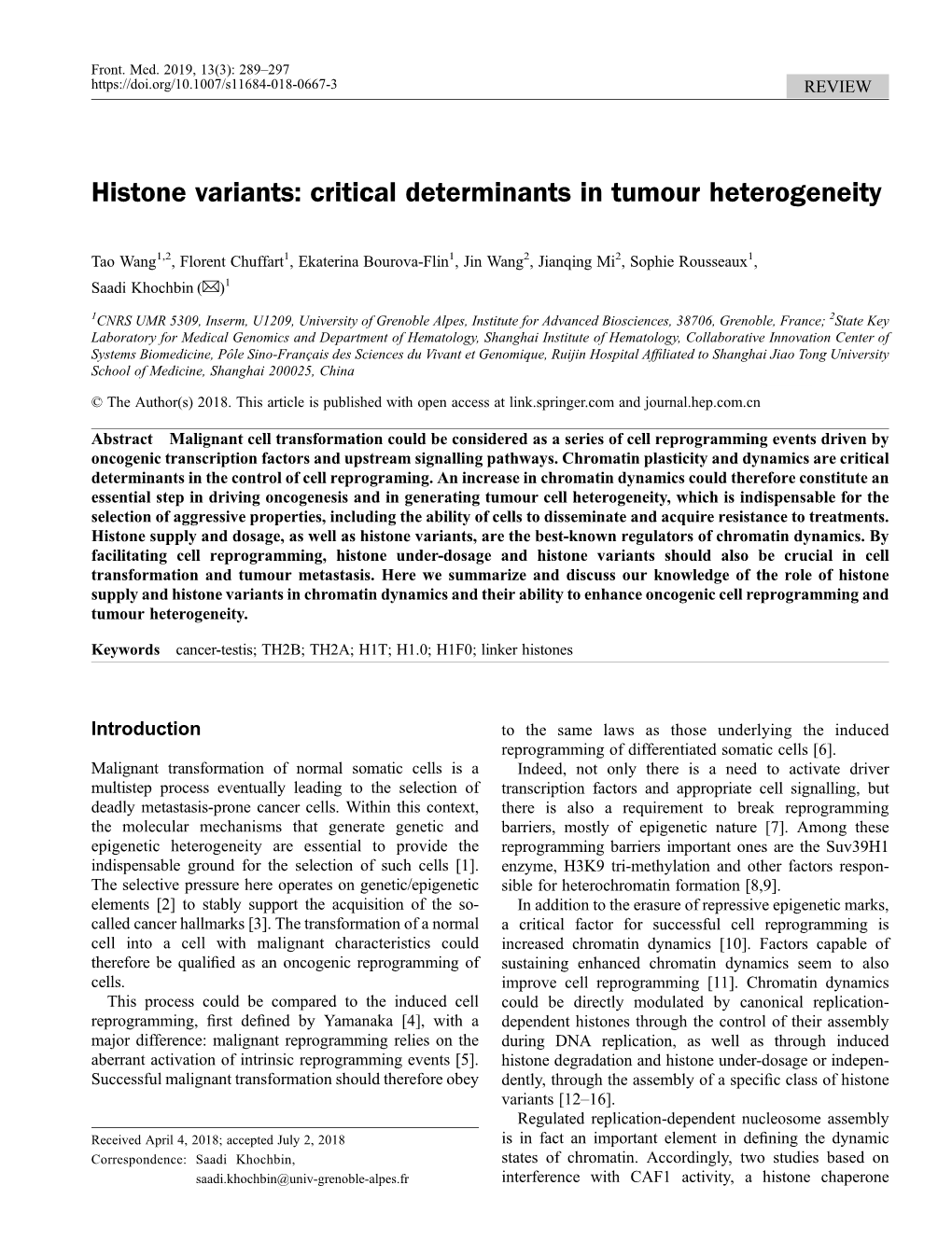 Histone Variants: Critical Determinants in Tumour Heterogeneity