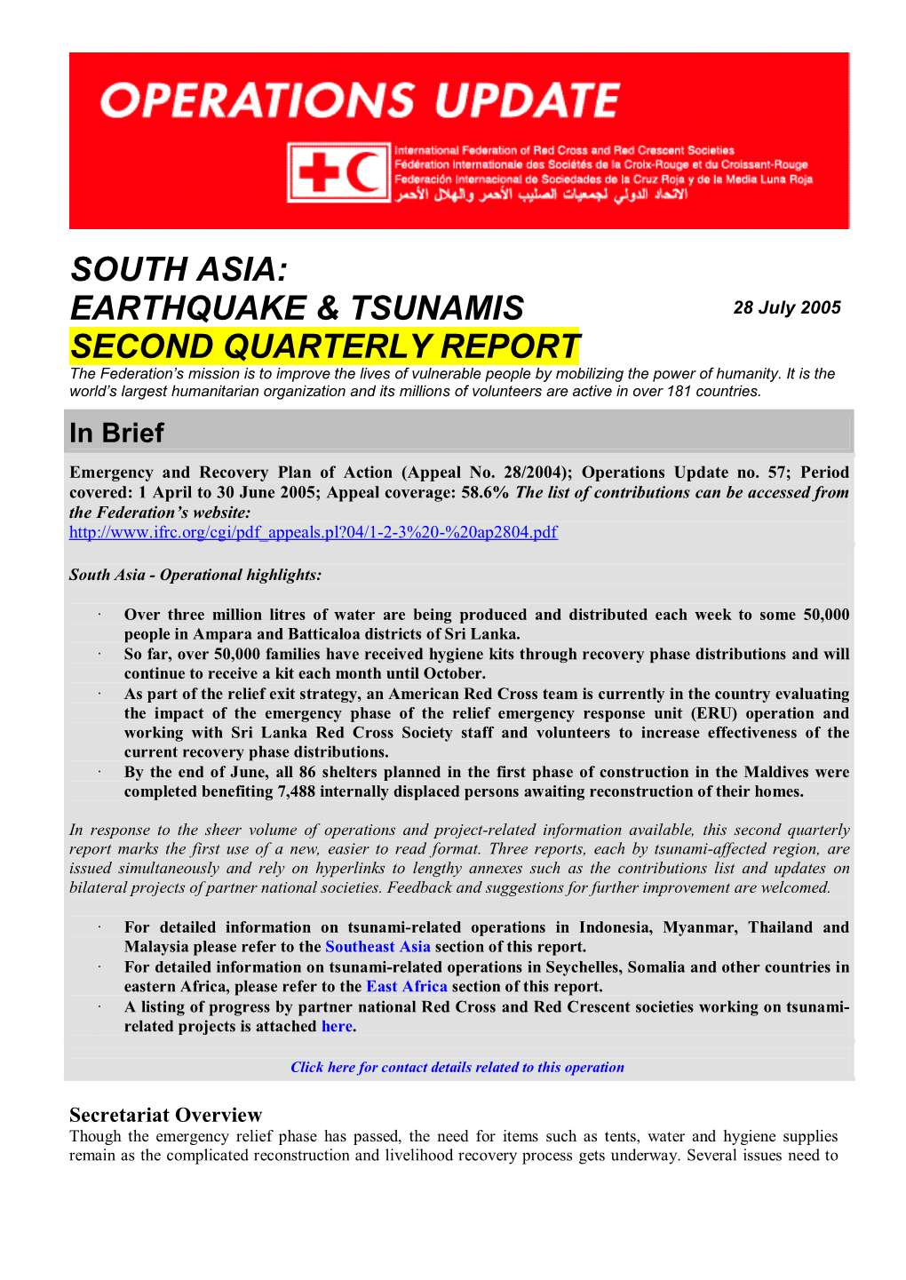 South Asia: Earthquake & Tsunamis Second Quarterly Report