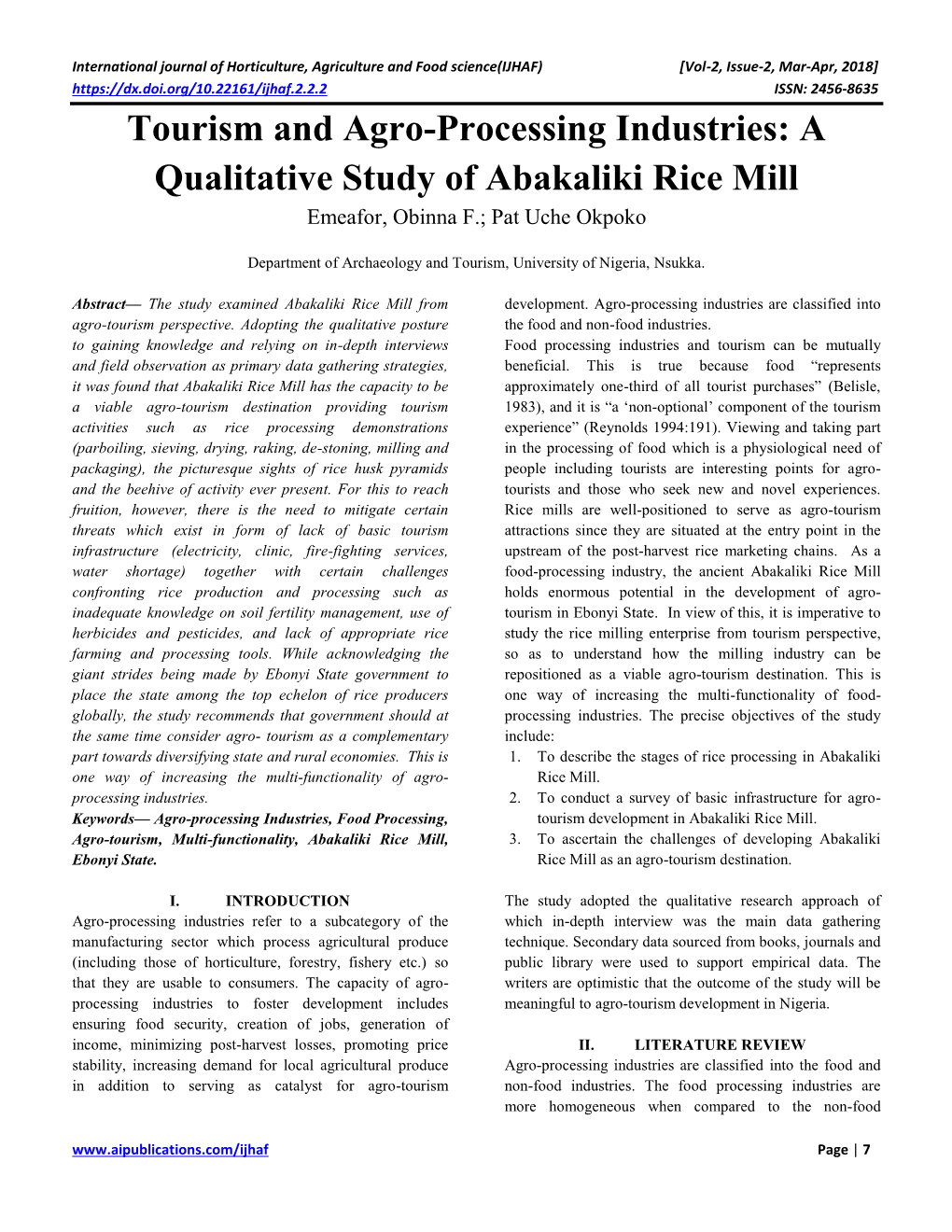 Tourism and Agro-Processing Industries: a Qualitative Study of Abakaliki Rice Mill Emeafor, Obinna F.; Pat Uche Okpoko