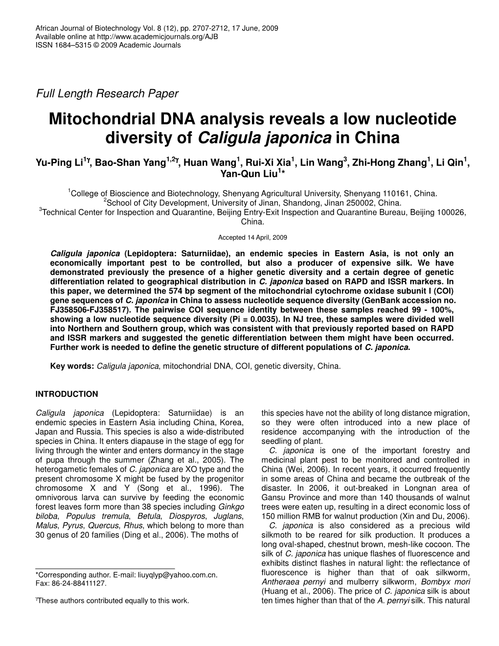 Mitochondrial DNA Analysis Reveals a Low Nucleotide Diversity of Caligula Japonica in China