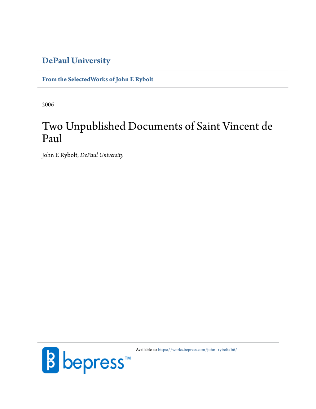 Two Unpublished Documents of Saint Vincent De Paul John E Rybolt, Depaul University