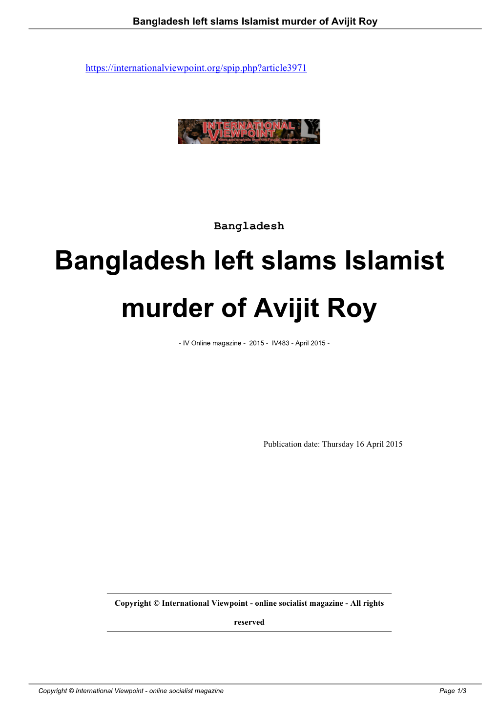 Bangladesh Left Slams Islamist Murder of Avijit Roy