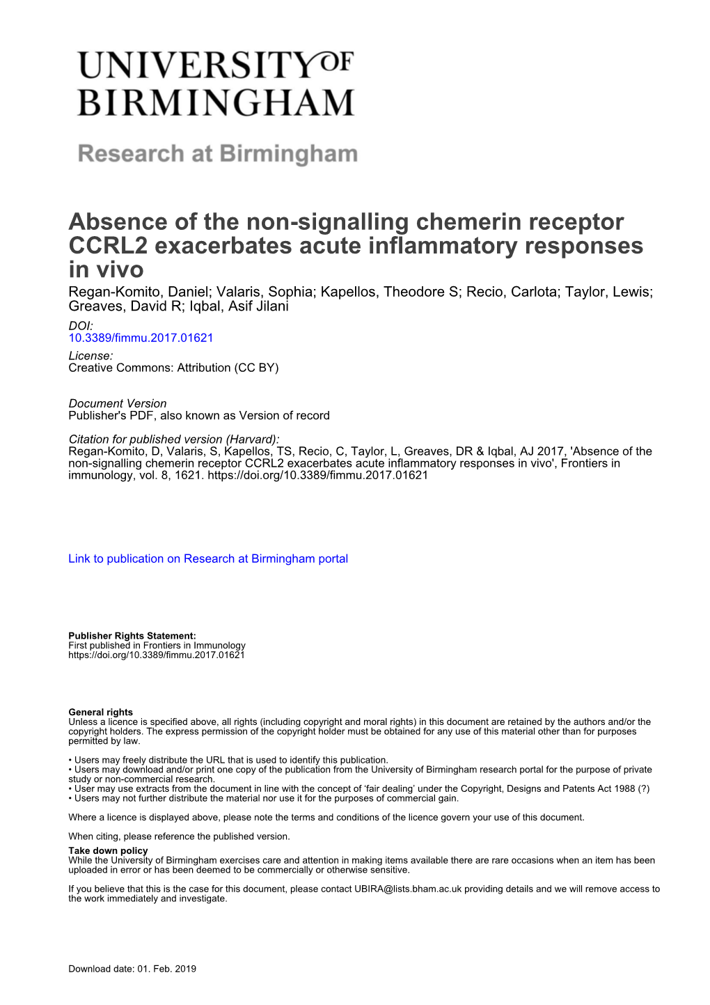 Absence of the Non-Signalling Chemerin Receptor CCRL2