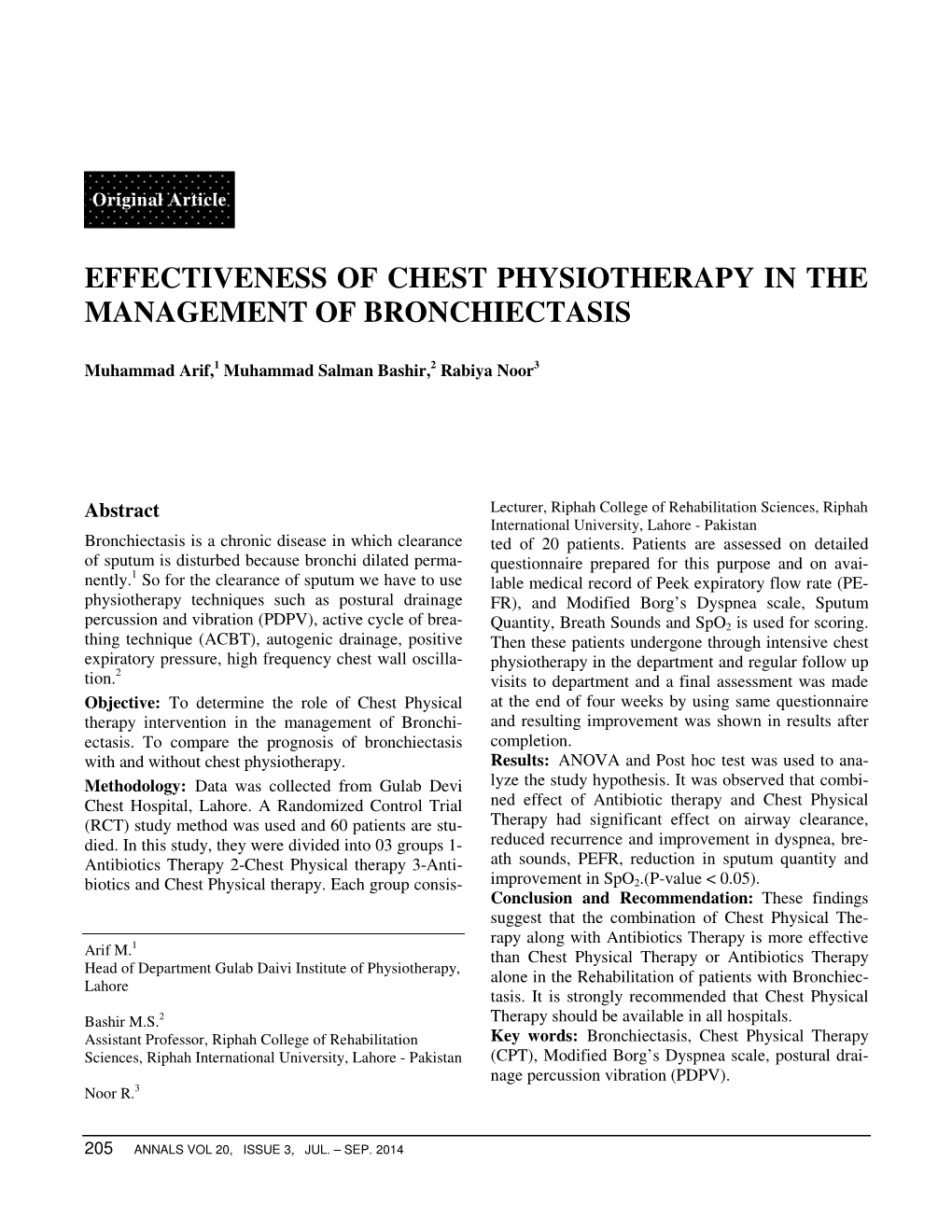 Effectiveness of Chest Physiotherapy in the Management of Bronchiectasis