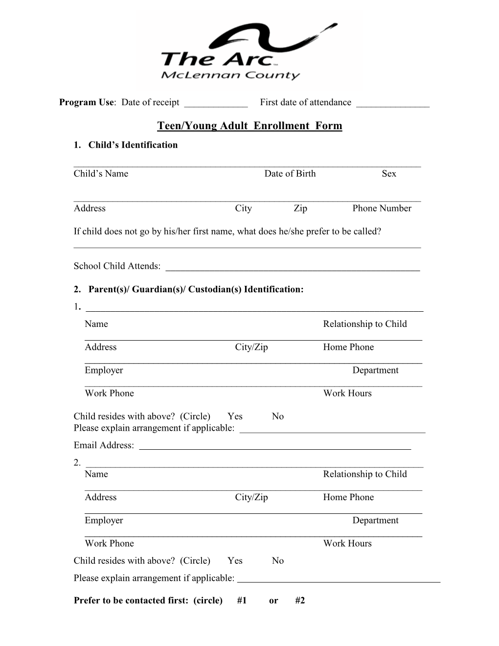 Teen/Young Adult Enrollment Form 1