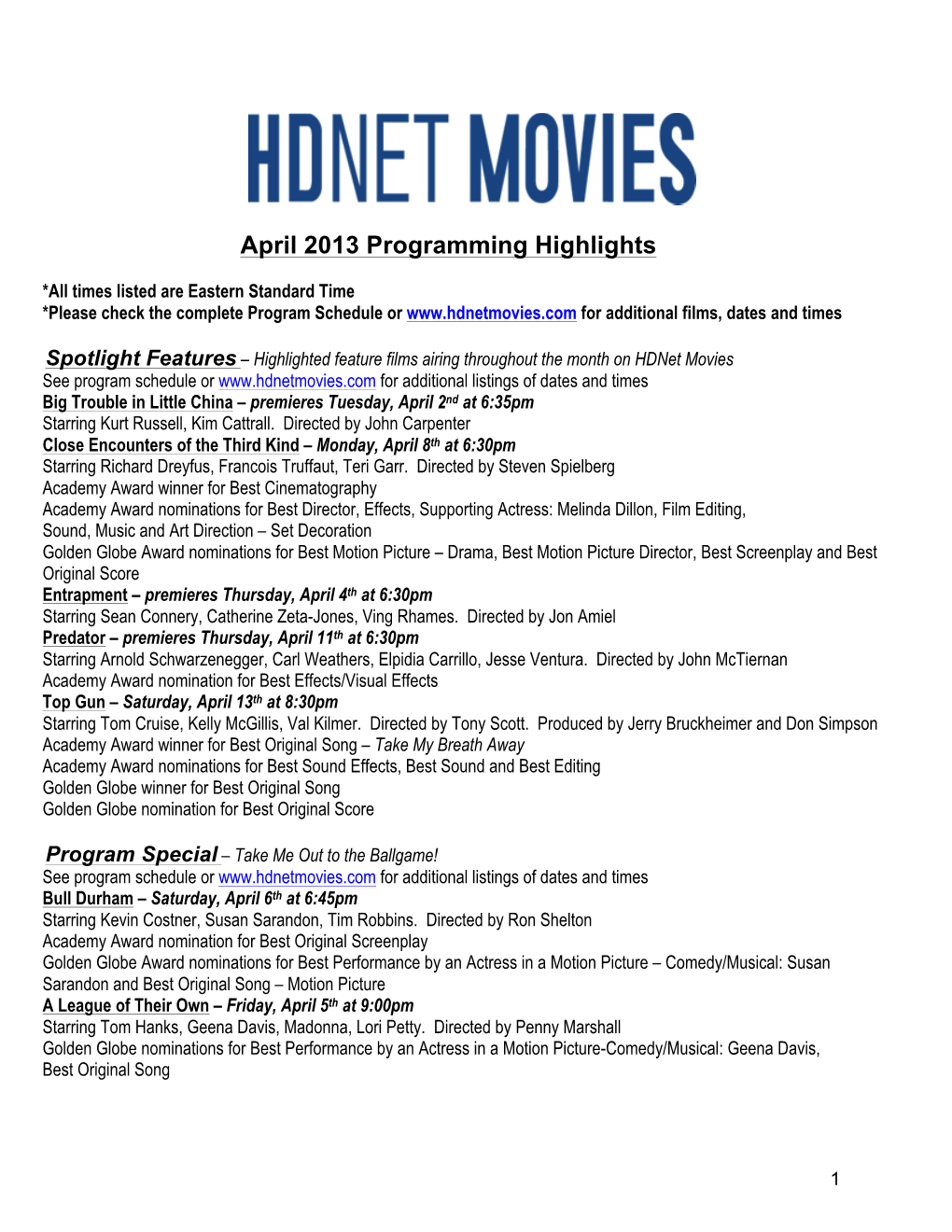 Hdnet Movies April 2013 Program Highlights -Version 1